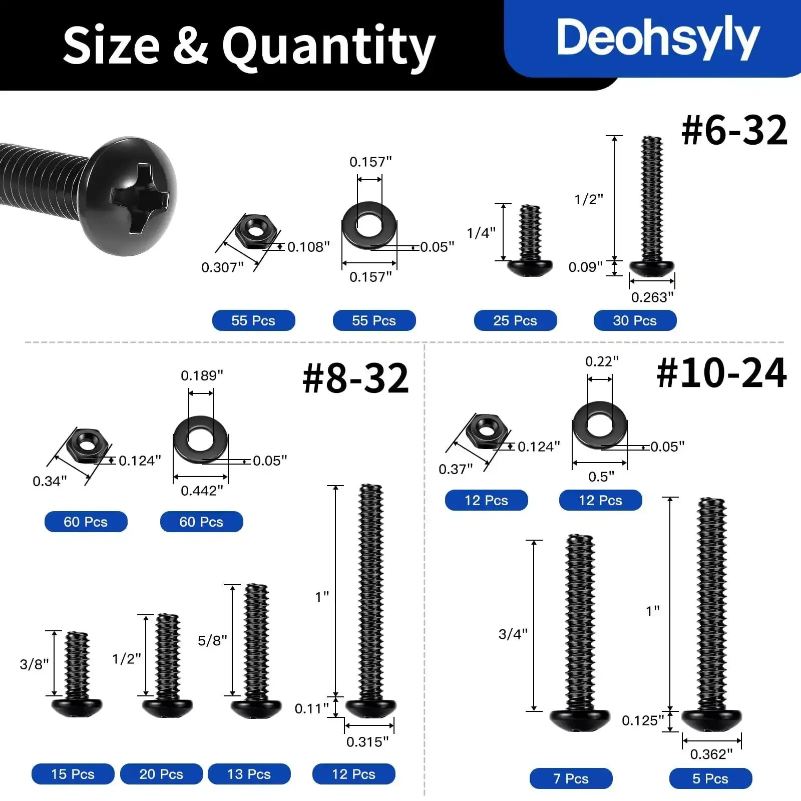 381 Piece Machine Screws Nuts And Bolts Kit With Case DIY Ready For Quick Repairs And Projects Includes 6-32 8-32 10-24 Phillips Pan Head Stainless Steel Bolts Nuts And Flat Washers In Black Oxide 304 Stainless Steel Variety Pack - Image 7