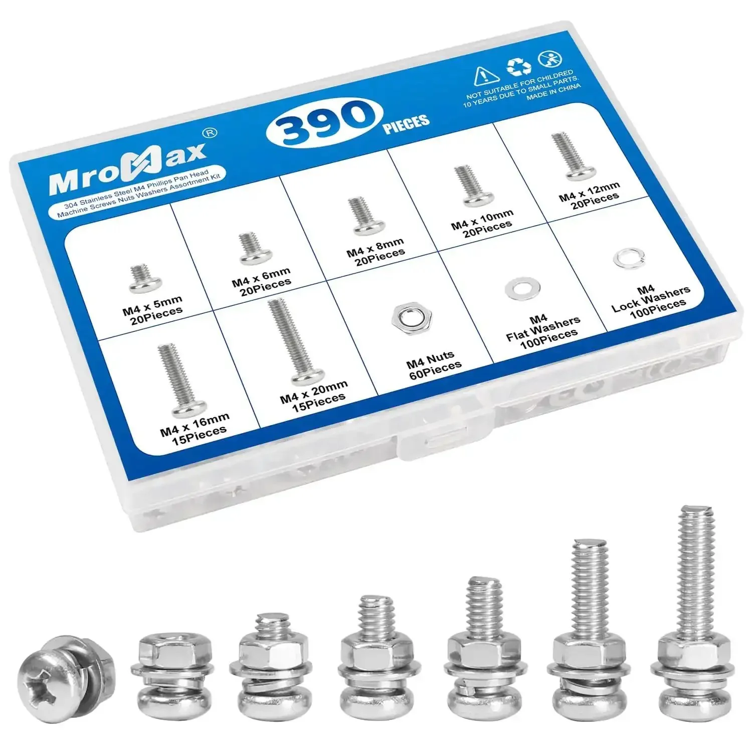 390 Pcs M4 Phillips Pan Head Machine Screws With Nuts And Washers 304 Stainless Steel Fully Threaded Set In Sizes 5mm To 20mm Assortment Kit For DIY Fixes And Quick Projects