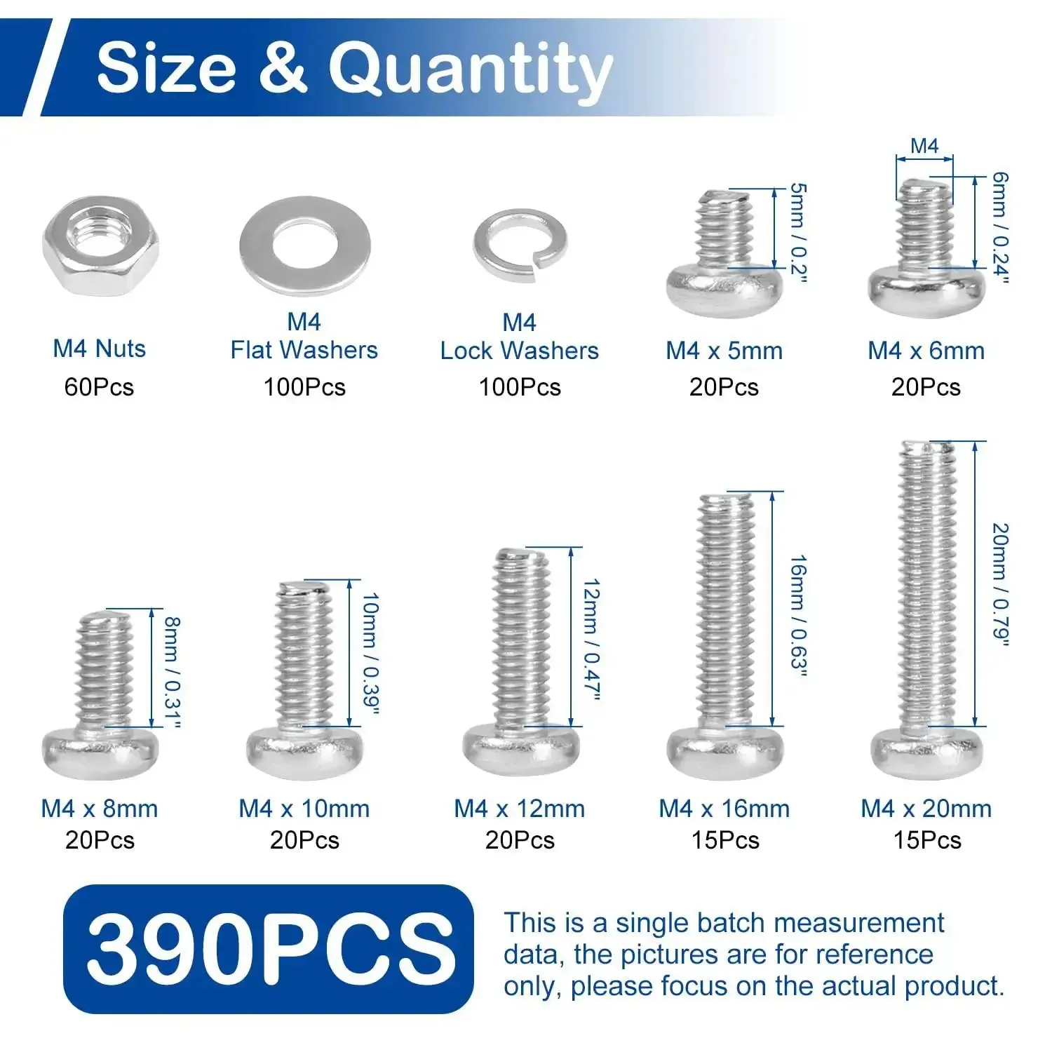 390 Pcs M4 Phillips Pan Head Machine Screws With Nuts And Washers 304 Stainless Steel Fully Threaded Set In Sizes 5mm To 20mm Assortment Kit For DIY Fixes And Quick Projects - Image 5