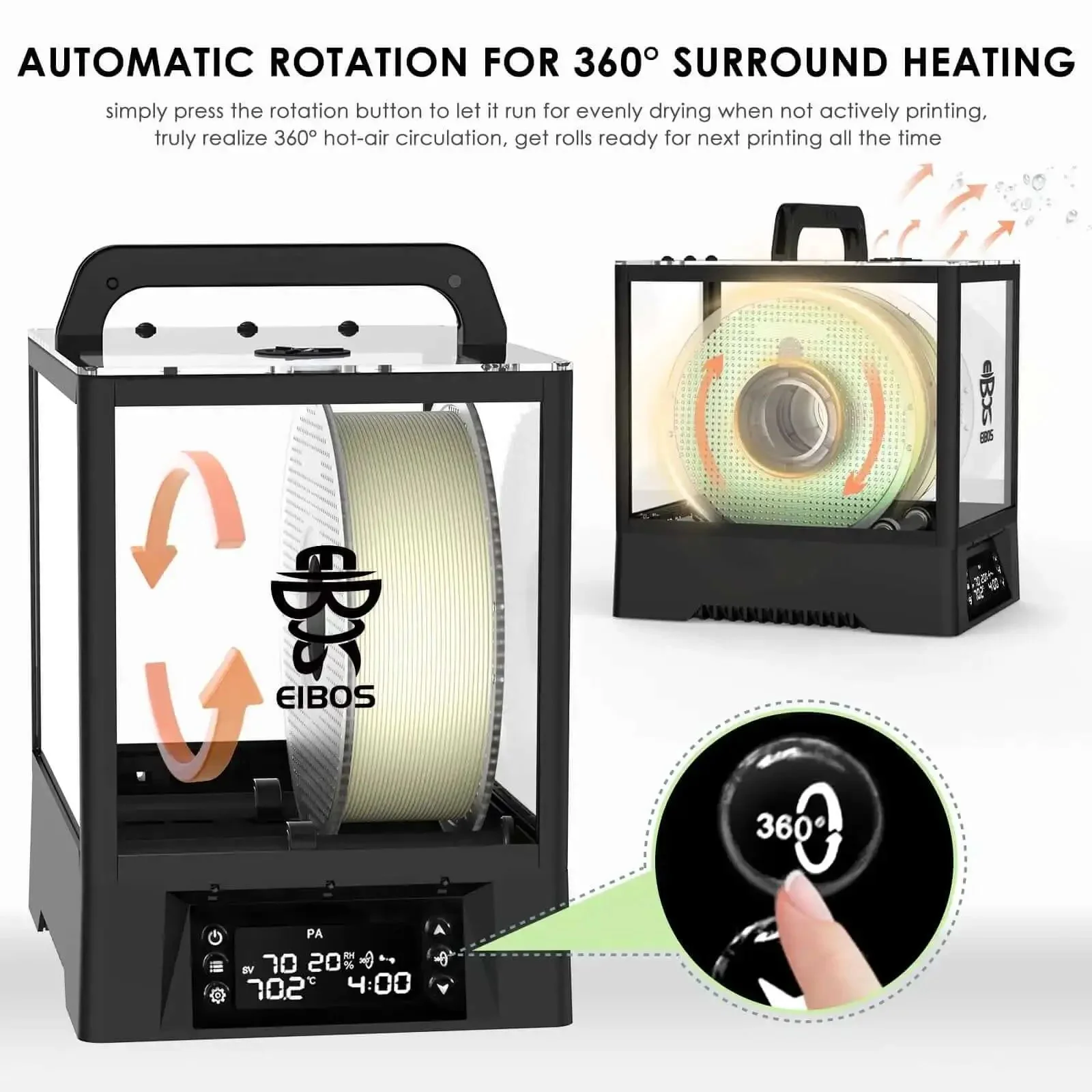 3D Printer Filament Dryer Box With Auto Rotation And Humidity Hold, No Fuss Spool Dry Box For Nylon PLA TPU, 360 Degree Heating, Fits 3kg Spools, Auto Rotate, High Capacity, Fast Even Drying At Up To 80C - Image 8