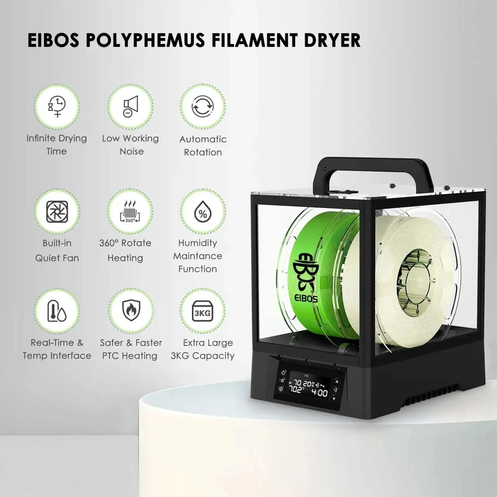 3D Printer Filament Dryer Box With Auto Rotation And Humidity Hold, No Fuss Spool Dry Box For Nylon PLA TPU, 360 Degree Heating, Fits 3kg Spools, Auto Rotate, High Capacity, Fast Even Drying At Up To 80C - Image 9
