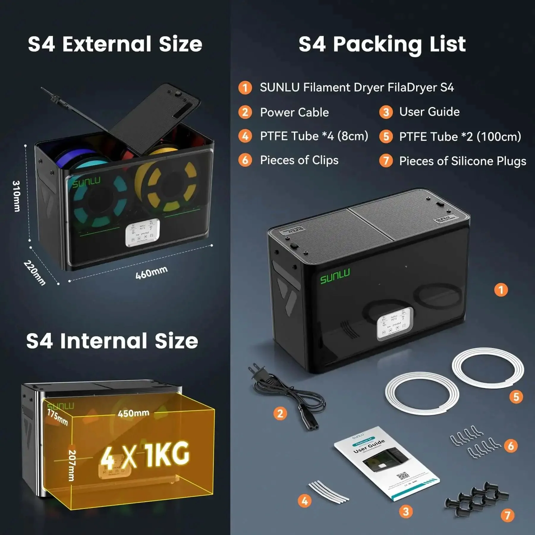 3D Printer Filament Dryer S4 4 Spool Capacity With 3 Circulation Fans, 350W PTC Heater, 70C Max Temperature, Power Saving Storage Mode, Compatible With Nylon TPU PLA PETG ABS Filament, Black - Image 4