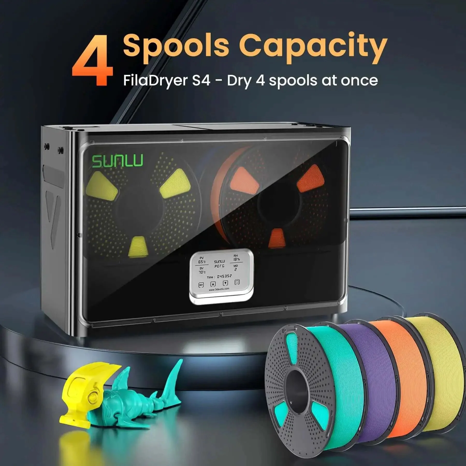 3D Printer Filament Dryer S4 4 Spool Capacity With 3 Circulation Fans, 350W PTC Heater, 70C Max Temperature, Power Saving Storage Mode, Compatible With Nylon TPU PLA PETG ABS Filament, Black - Image 9