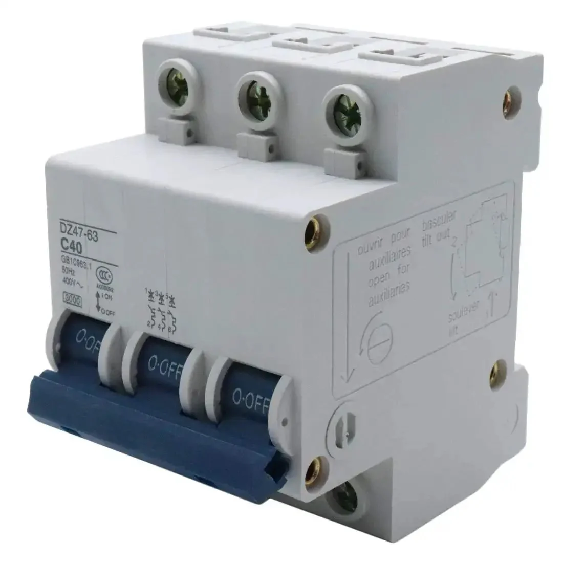 3P 40A Miniature Circuit Breaker For DIN Rail Mount Thermal Magnetic Trip AC 400V Visual Trip Indicator Screw Clamp Terminals 35mm DIN Rail Flame Retardant PC Shell Home Appliance Circuit Protection