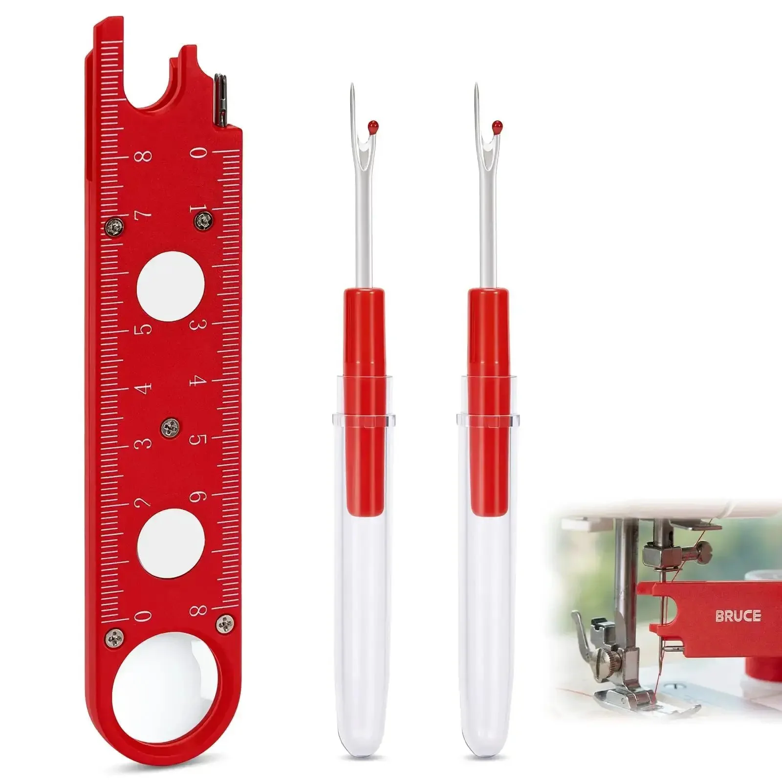 4 In 1 Automatic Sewing Needle Threader With Magnifier And Seam Guide Built In Dual Scale Ruler For Quick Threading Handy For Quilting And Alterations Includes 2 Seam Rippers In Red