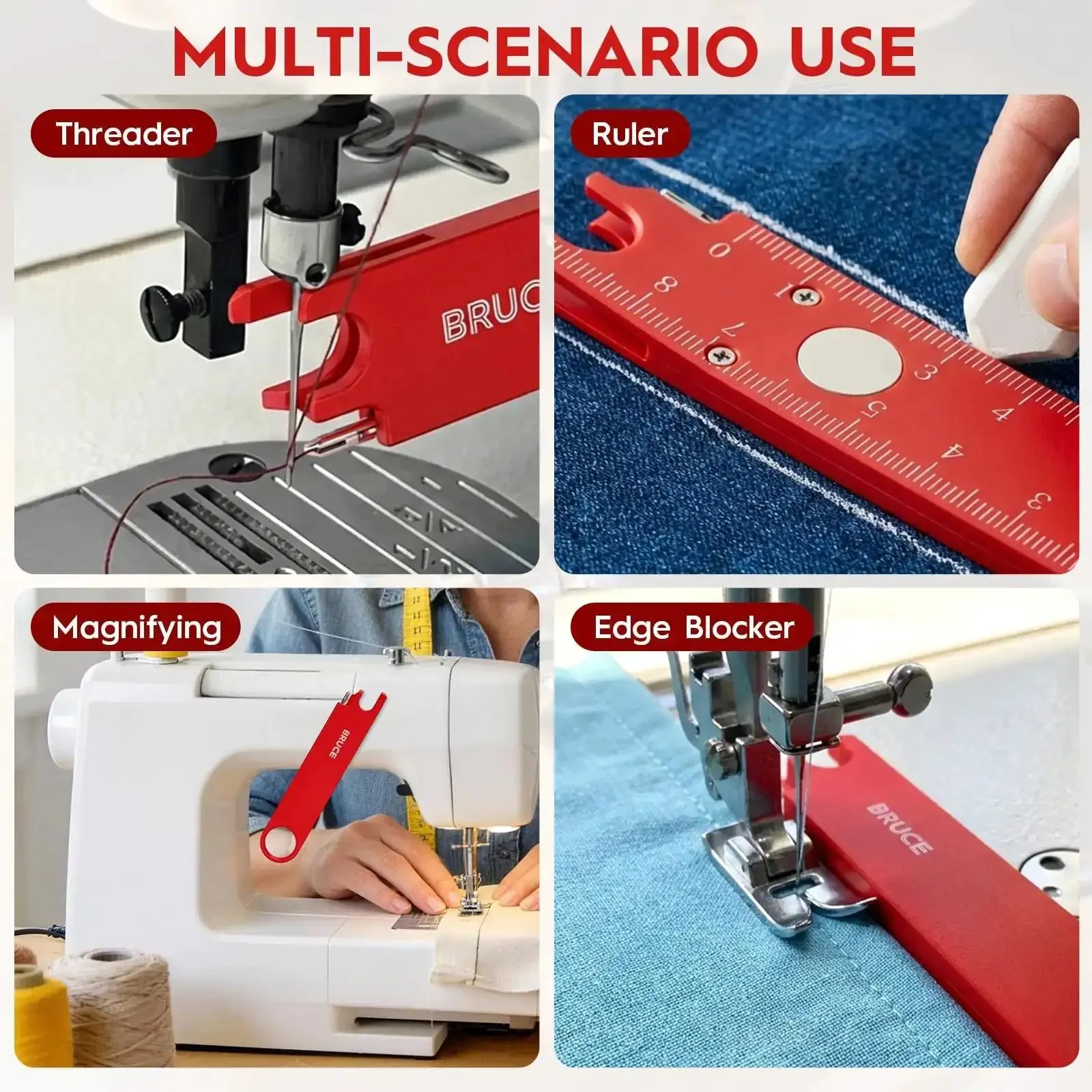 4 In 1 Automatic Sewing Needle Threader With Magnifier And Seam Guide Built In Dual Scale Ruler For Quick Threading Handy For Quilting And Alterations Includes 2 Seam Rippers In Red - Image 2