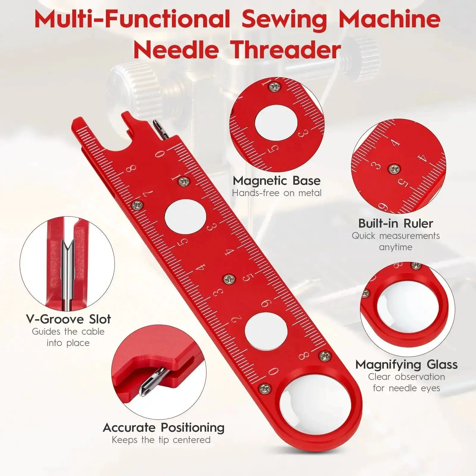 4 In 1 Automatic Sewing Needle Threader With Magnifier And Seam Guide Built In Dual Scale Ruler For Quick Threading Handy For Quilting And Alterations Includes 2 Seam Rippers In Red - Image 6