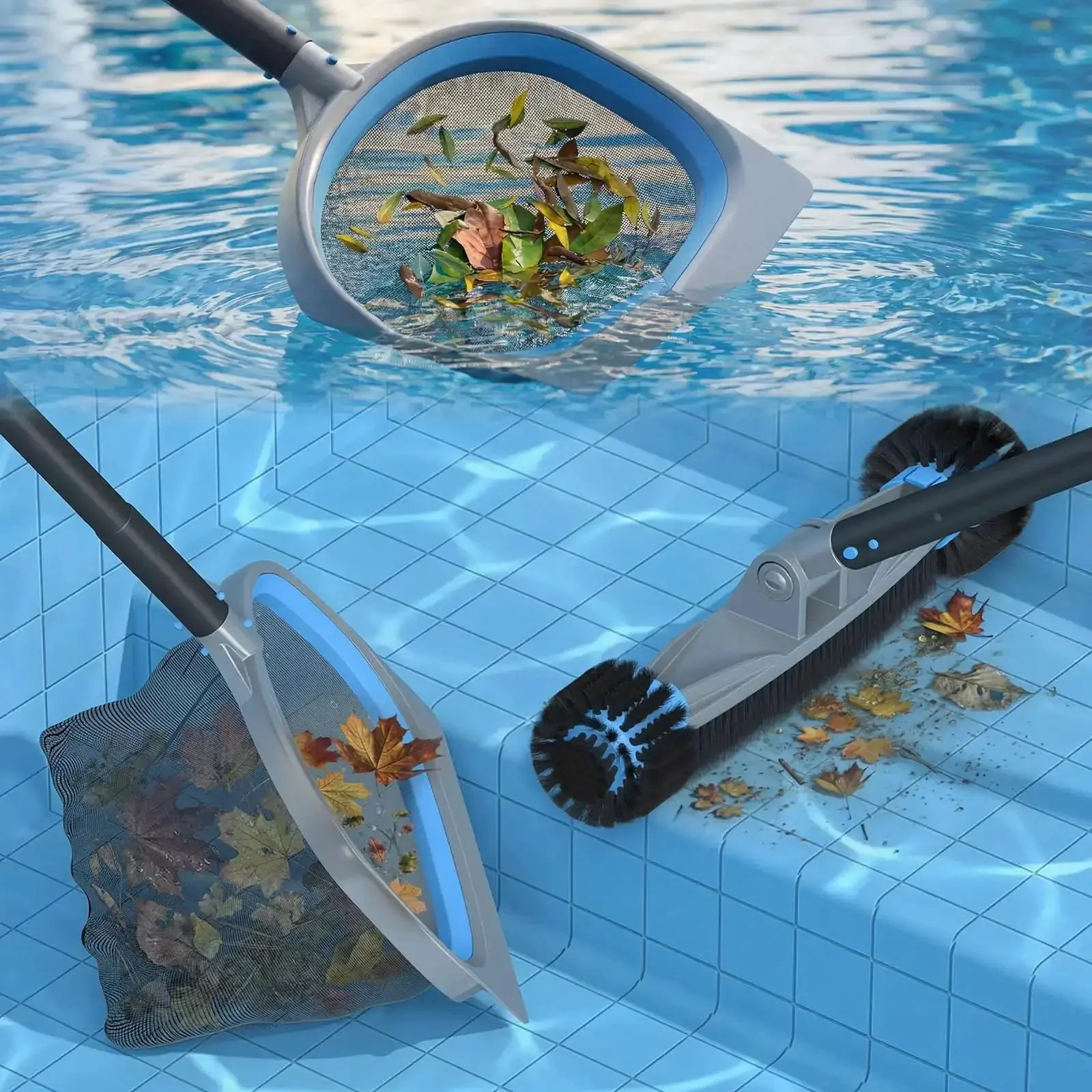 4 in 1 Deluxe Pool Cleaning Kit With Detachable Brush, Heavy Duty Deep Leaf Skimmer Net, Fine Mesh Net, And Extendable Aluminum Pole For Inground And Above Ground Pools - Image 2