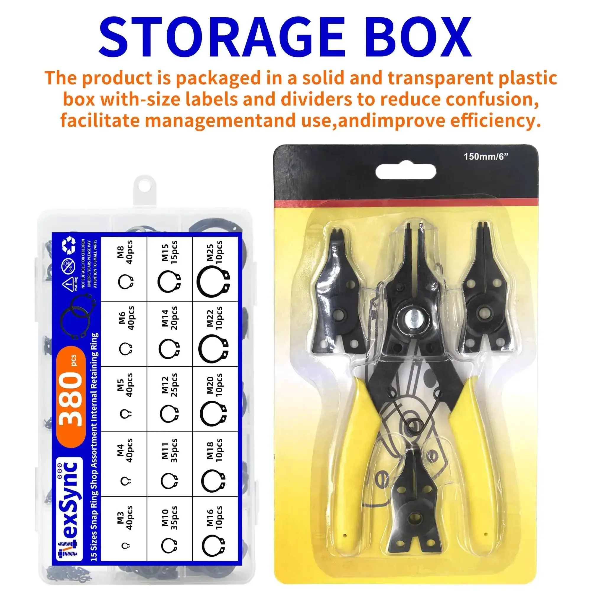 4 In 1 Snap Ring Pliers Set With 380 Pcs Retaining Ring Kit For Internal And External Circlips, Manganese Steel C Clip Assortment M3 To M25 For Auto, Machinery, Bike And DIY Repairs - Image 5