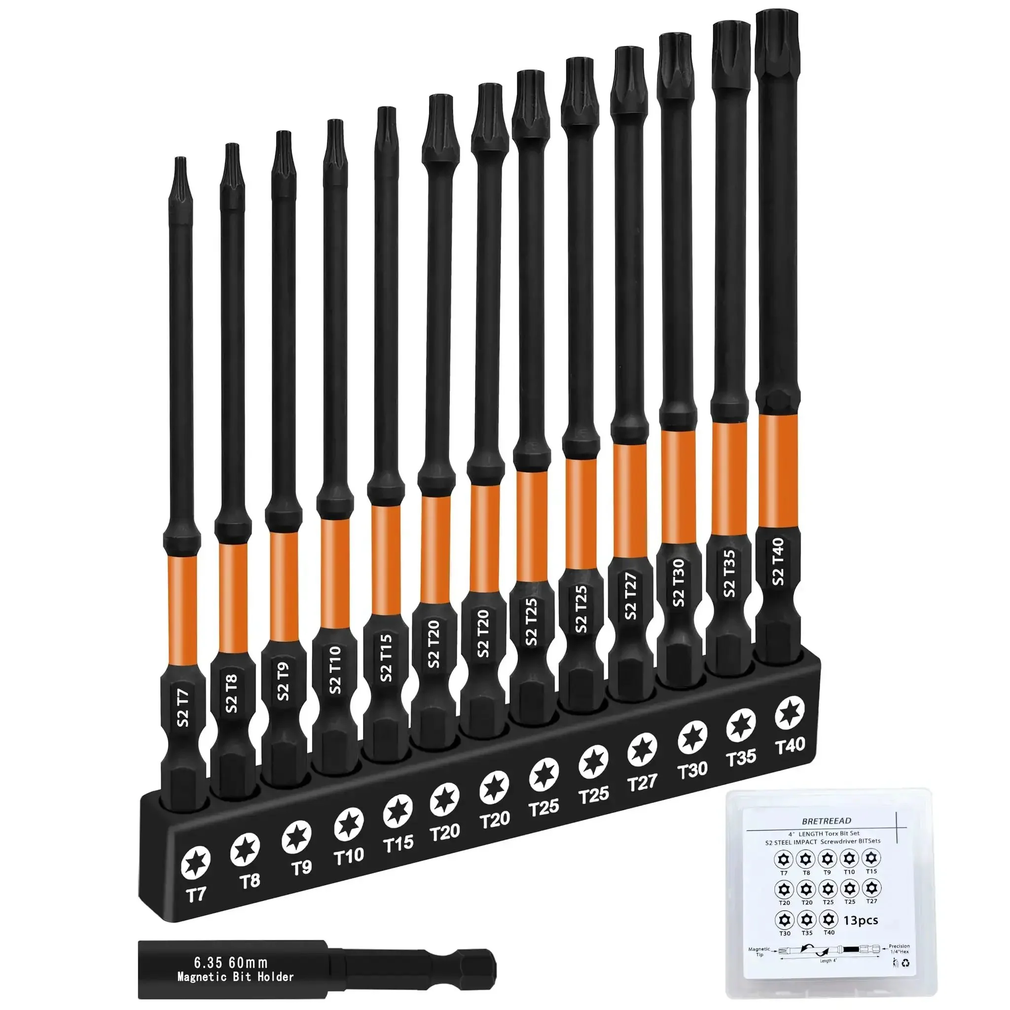 4 Inch Long Impact Torx Bit Set, 13-Piece Security Torx Bits TT7 to TT40, S2 Alloy Steel Built Tough With CNC Machined Tips, Tamper Proof Star Bits, One Quarter Inch Hex Shank, Magnetic Bit Holder and Storage Box