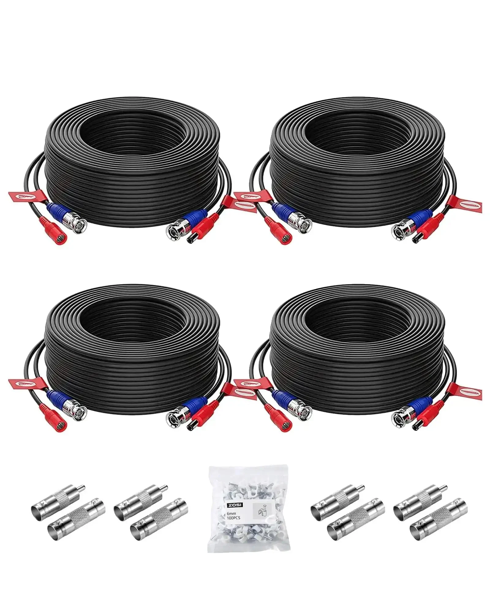 4 Pack 100 Foot BNC Video Power Cables For CCTV Security Cameras And DVR Systems All In One Extension Wire With 4 BNC And RCA Connectors Includes 100 Cable Clips For Quick Clean Install