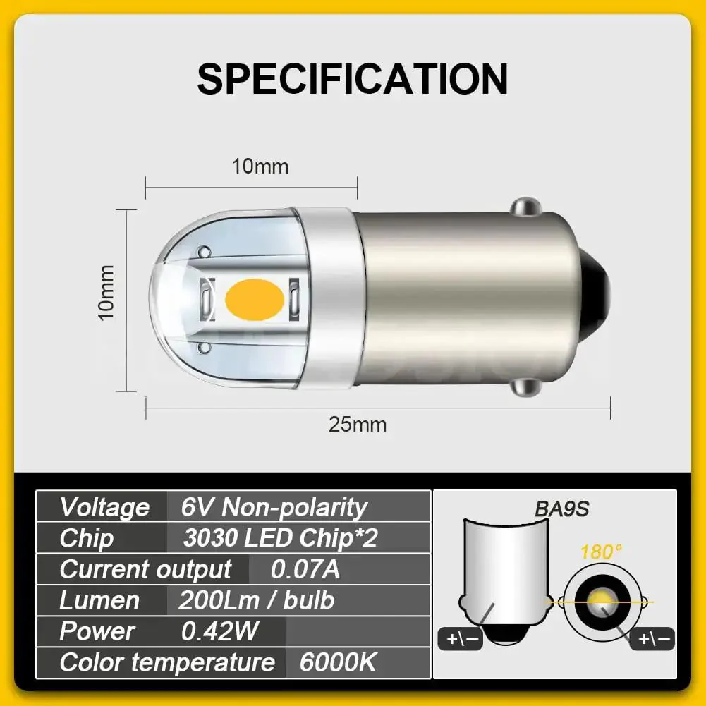 4 Pack 6V Warm White BA9S LED Bulbs, Ideal For Pinball Machines And Classic Car Interior Lights, 200 Lumens, Fits BA9S And 53,57,182,1891 Sockets, Also Great For License Plate And Side Door Lighting - Image 6