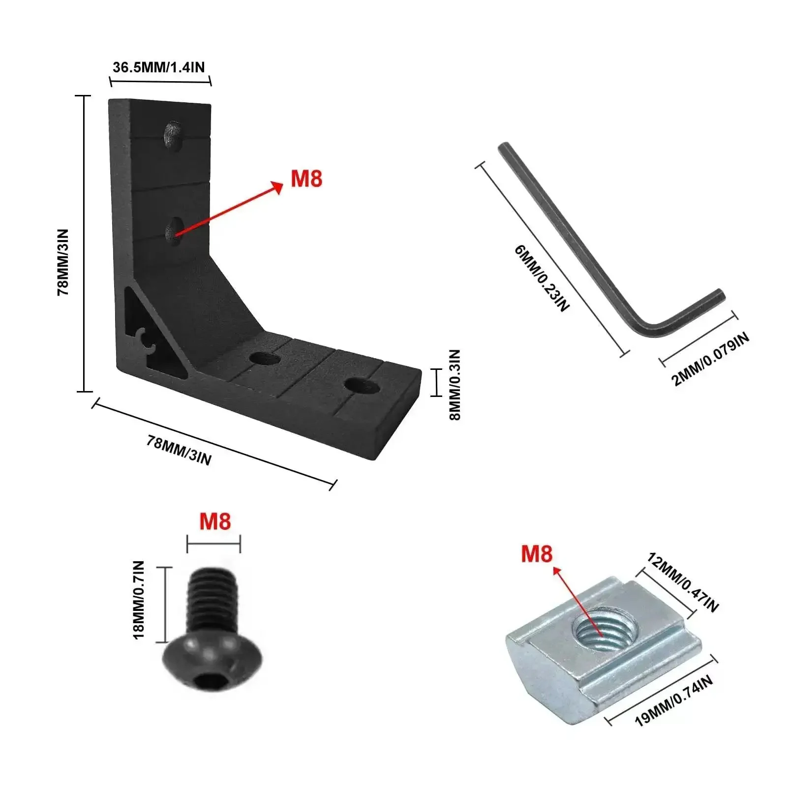 4 Pack Black Corner Brackets For 4040 Aluminum Extrusion 90 Degree Joint Connectors For Standard 8mm Slot Heavy Duty Build Includes 16 M8 T Nuts 16 M8 Screws And 1 Wrench For Easy Assembly - Image 5