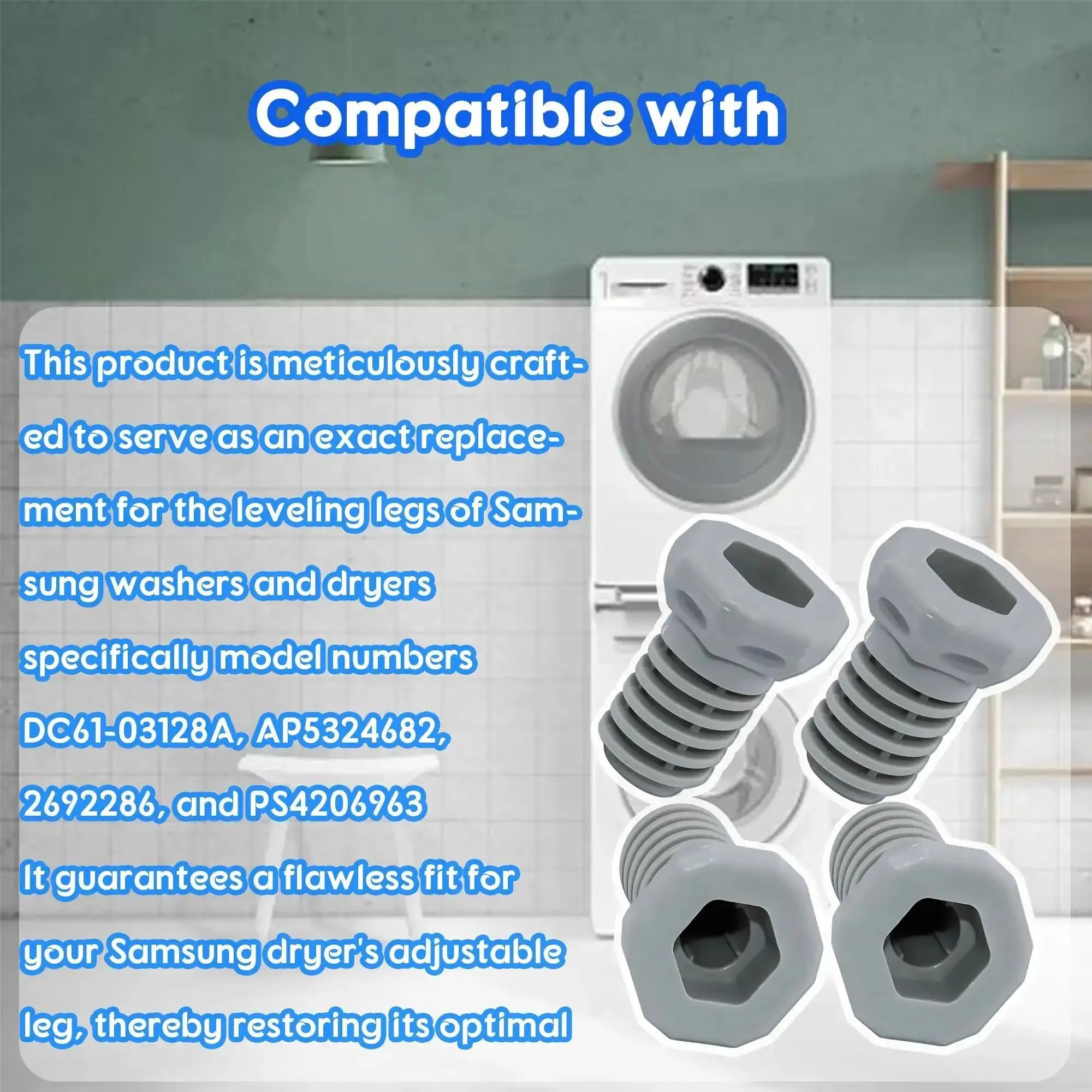 4 Pack Dryer Leveling Leg Feet Replacement For Front Load Dryers DV2 DV3 DV4 DV5 DVE Replace DC61-03128A 2692286 AP5324682 PS4206963 No Tools Needed Easy Install Durable Support For Stable Wobble Free Operation - Image 5