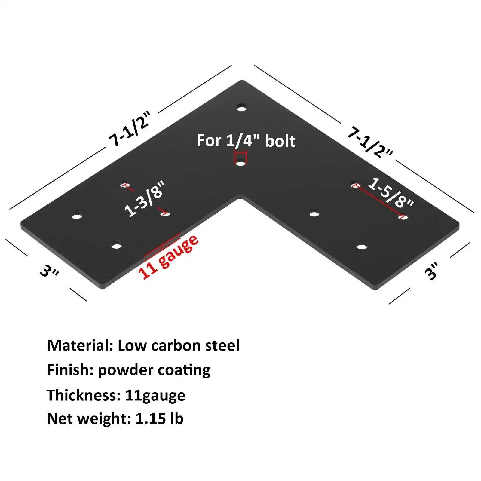 4 Pack Flat Mending Plates For 4x4 Posts Heavy Duty L Shaped Corner Braces Post To Beam Connectors Seven And A Half Inch Long By Three Inch Wide 11 Gauge Carbon Steel Powder Coated Black - Image 3