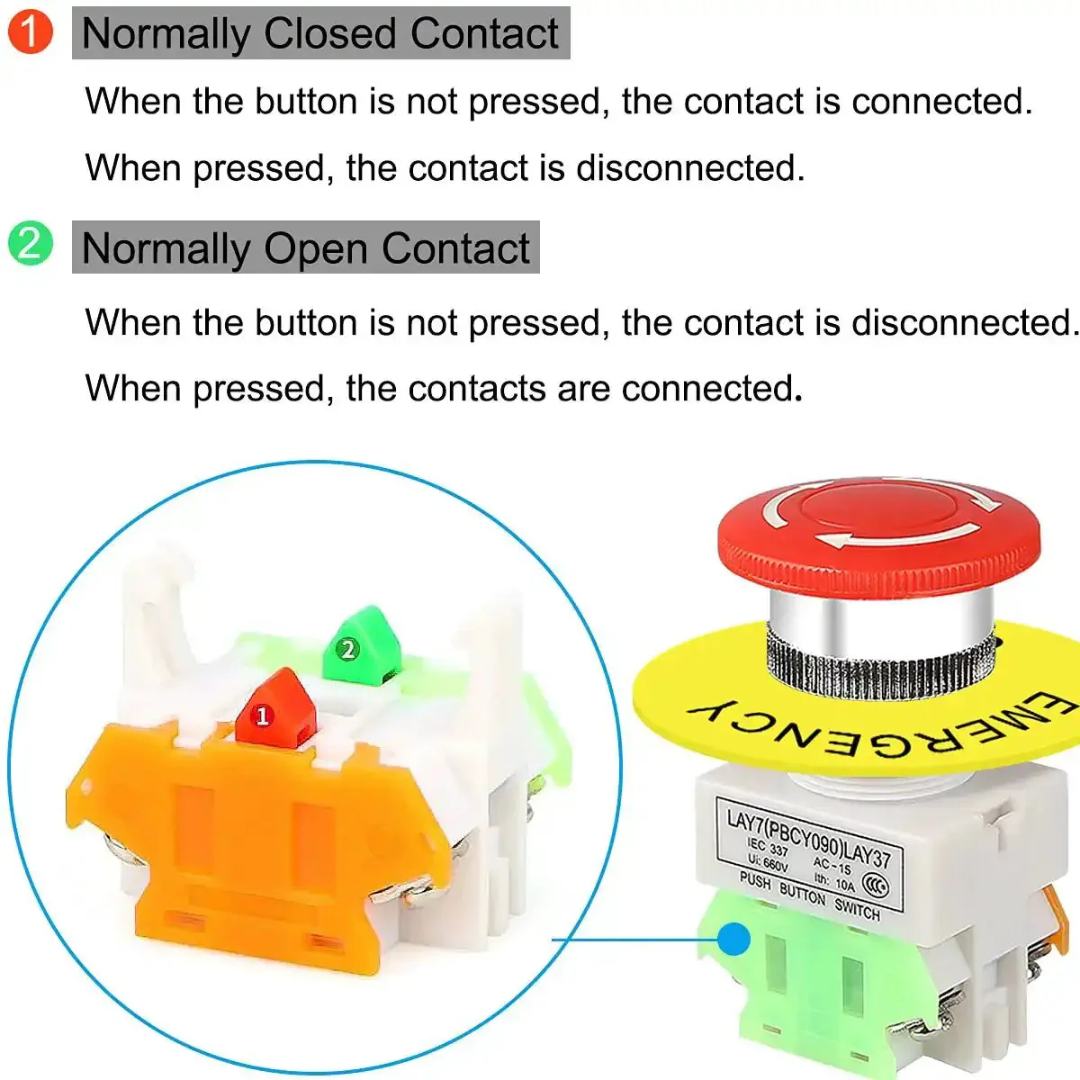 4 Pack Latching Emergency Stop Push Button Switch Kit 22mm Panel Mount Red Mushroom Cap 1NO 1NC DPST IP55 600V 10A Heavy Duty Beefed Up Rugged PA66 Body Includes 60mm Emergency Stop Sign - Image 4