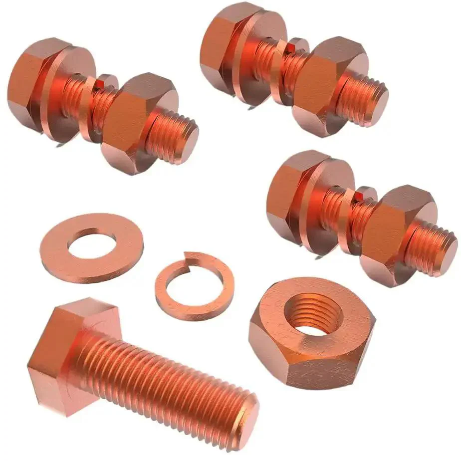 4 Pack M8 60mm Hex Bolts Kit With Nuts, Flat Washers And Spring Lock Washers In T2 Conductive Pure Copper Hex Head Screws For Heavy Duty Projects For Tough Environments