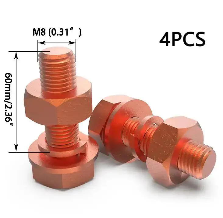 4 Pack M8 60mm Hex Bolts Kit With Nuts, Flat Washers And Spring Lock Washers In T2 Conductive Pure Copper Hex Head Screws For Heavy Duty Projects For Tough Environments - Image 7