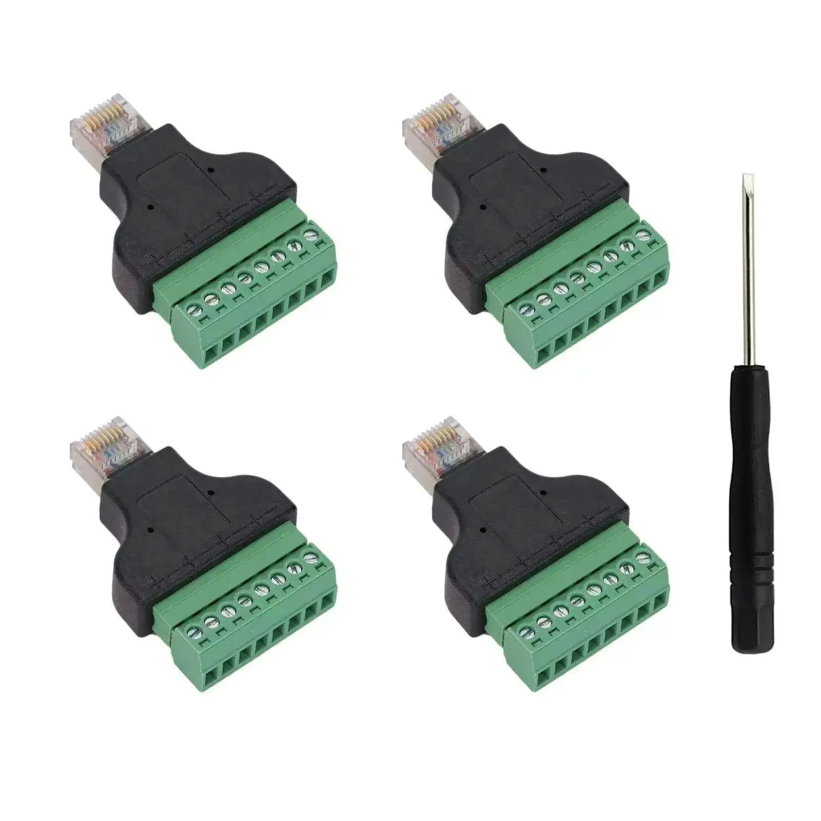 4 Pack RJ45 Screw Terminal Adapter Blocks For Ethernet Networks RJ45 Male To 8 Pin Connector 8P8C To 8 Pin Terminal CCTV DVR Ready Kit Cat5 Cat6 Cat7 Includes Screwdriver
