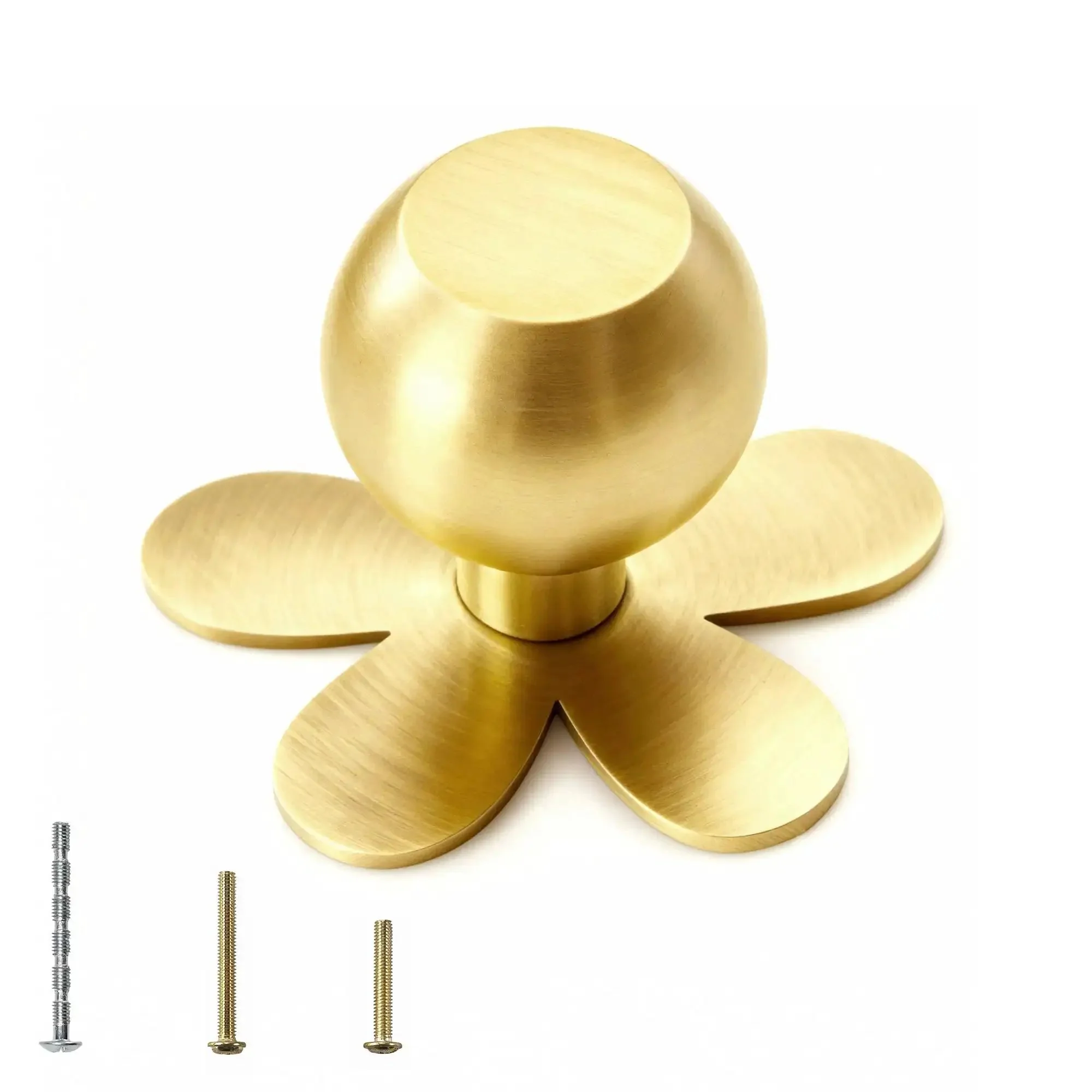 4-Pack Solid Brass Gold Cabinet Knobs With Flower Backplate, Modern Dresser Handles For Kitchen Brushed Brass Pulls And Vanity Cabinet Hardware, Durable Tarnish-Resistant Finish