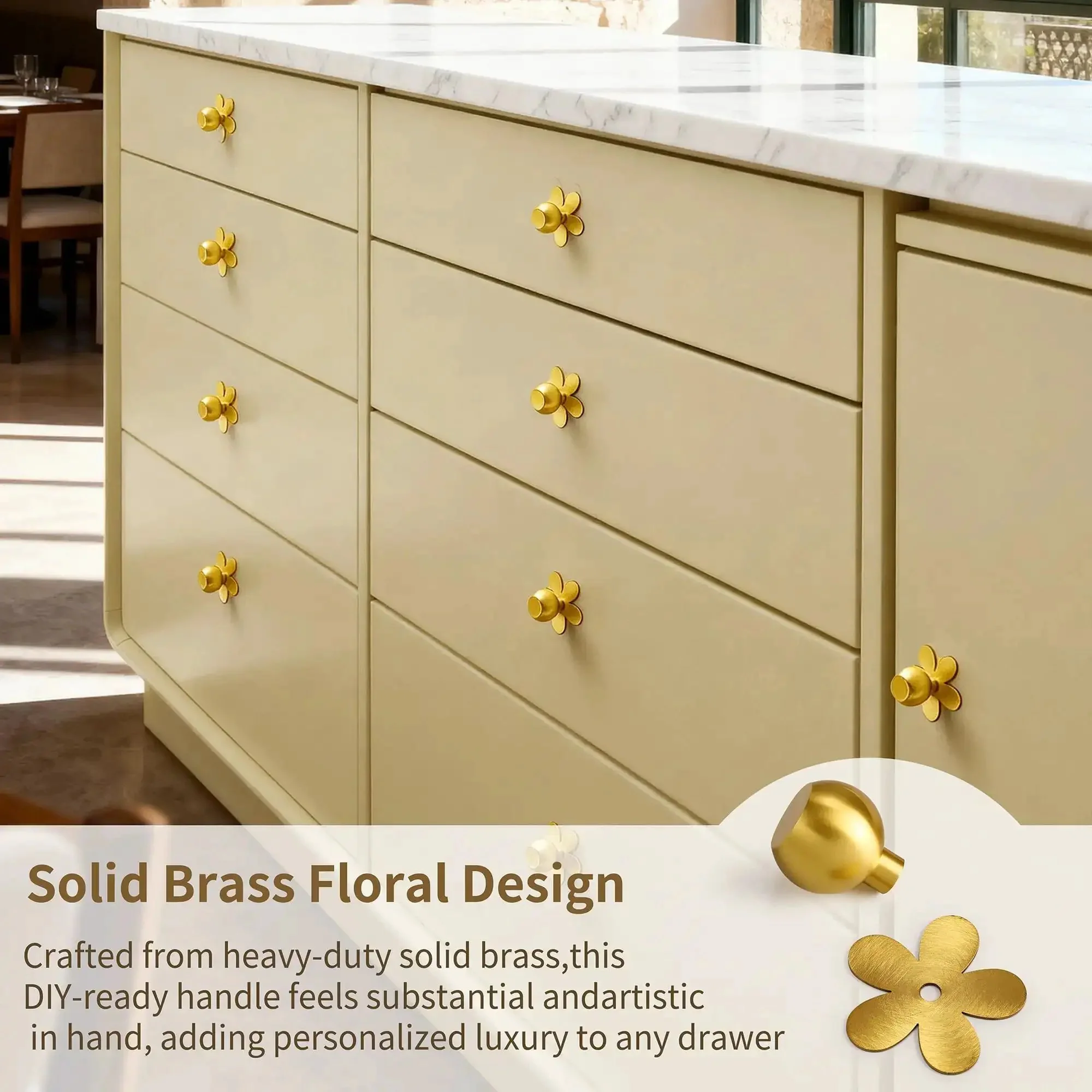 4-Pack Solid Brass Gold Cabinet Knobs With Flower Backplate, Modern Dresser Handles For Kitchen Brushed Brass Pulls And Vanity Cabinet Hardware, Durable Tarnish-Resistant Finish - Image 6