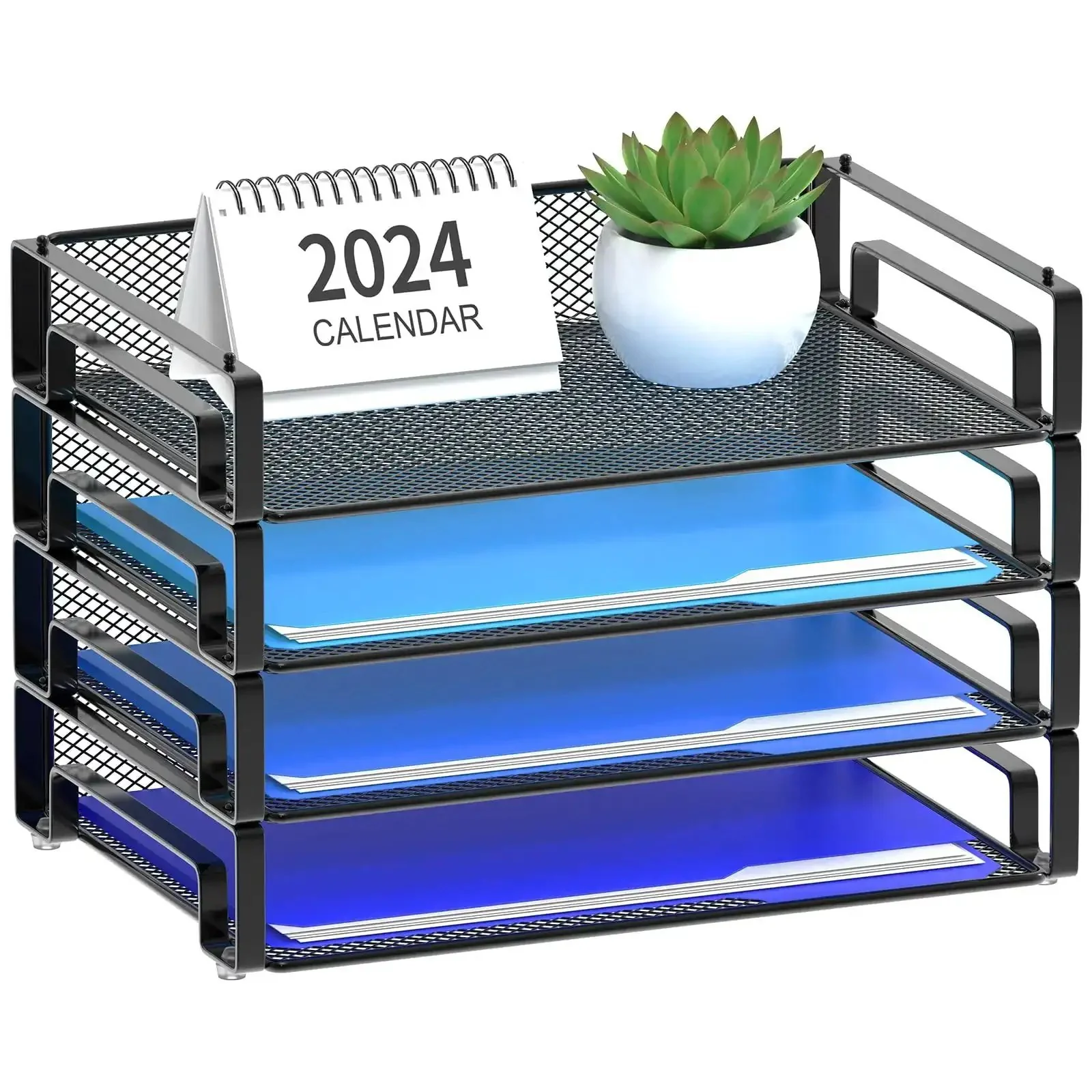 4 Pack Stackable Letter Paper Trays Desk File Organizer Mesh Paper Sorter For Letter And A4 Size Folders Documents With Non Slip Rubber Feet Sturdy Metal Mesh Workspace Saver For Your Desk