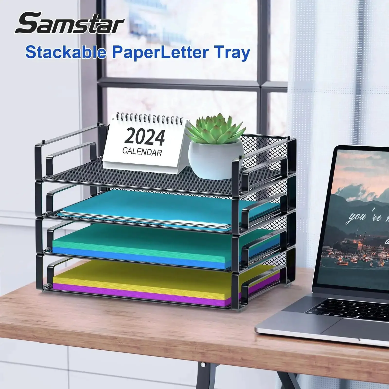 4 Pack Stackable Letter Paper Trays Desk File Organizer Mesh Paper Sorter For Letter And A4 Size Folders Documents With Non Slip Rubber Feet Sturdy Metal Mesh Workspace Saver For Your Desk - Image 6