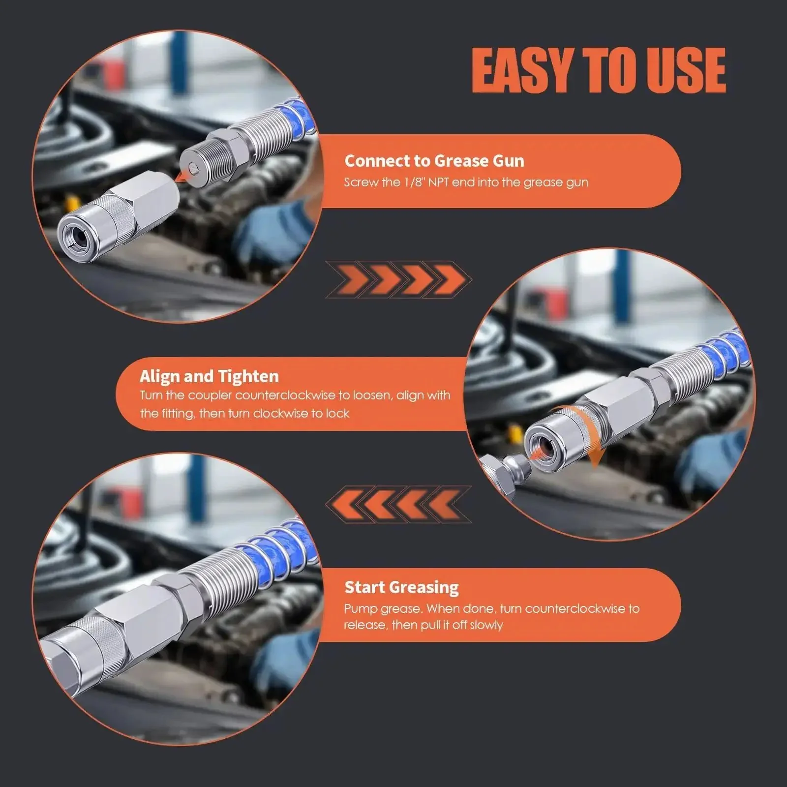 4 Pack Universal Grease Gun Couplers For 1/8 Inch NPT Threads With 4 Jaw Locking Fittings, Workhorse Grease Coupler Ends That Fit Most Guns And Zerk Fittings, High Pressure, Built Tough For Auto, Farm, And Industrial Use - Image 3