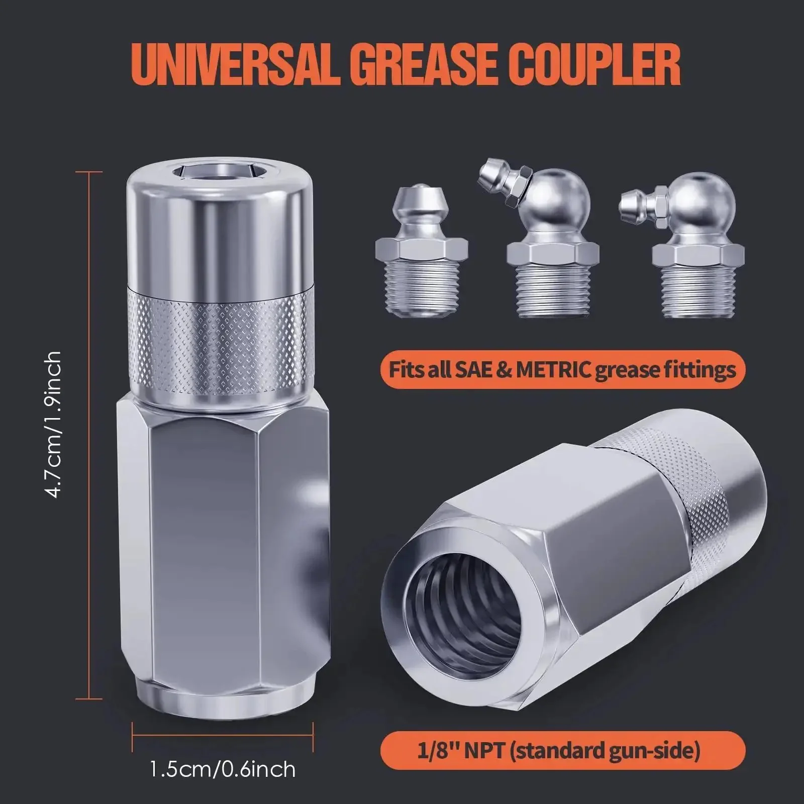 4 Pack Universal Grease Gun Couplers For 1/8 Inch NPT Threads With 4 Jaw Locking Fittings, Workhorse Grease Coupler Ends That Fit Most Guns And Zerk Fittings, High Pressure, Built Tough For Auto, Farm, And Industrial Use - Image 7