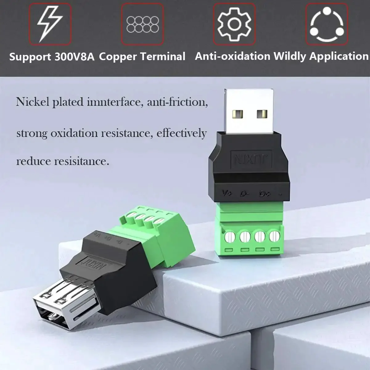4 Pack USB 2.0 Type A Male Female To 4 Pin Screw Terminal Block Connector Adapters, Portable Pluggable Type Converter For Easy Power And Data Testing, 300V 8A, Nickel Plated, Plug And Play - Image 7