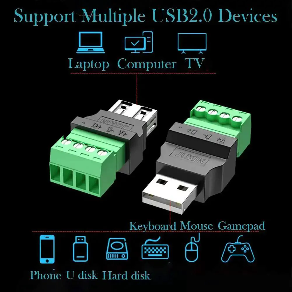 4 Pack USB 2.0 Type A Male Female To 4 Pin Screw Terminal Block Connector Adapters, Portable Pluggable Type Converter For Easy Power And Data Testing, 300V 8A, Nickel Plated, Plug And Play - Image 8