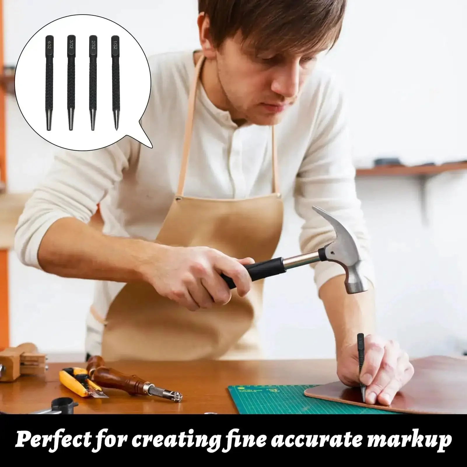 4 Piece Center Punch Set For Metal Marking And Hole Starting Points, Hardened Steel Tips In 1/32, 2/32, 3/32, And 4/32 Inch Sizes, Durable Black Finish Nail Punch Kit For Precise Drilling, Marking, And Start Holes - Image 2