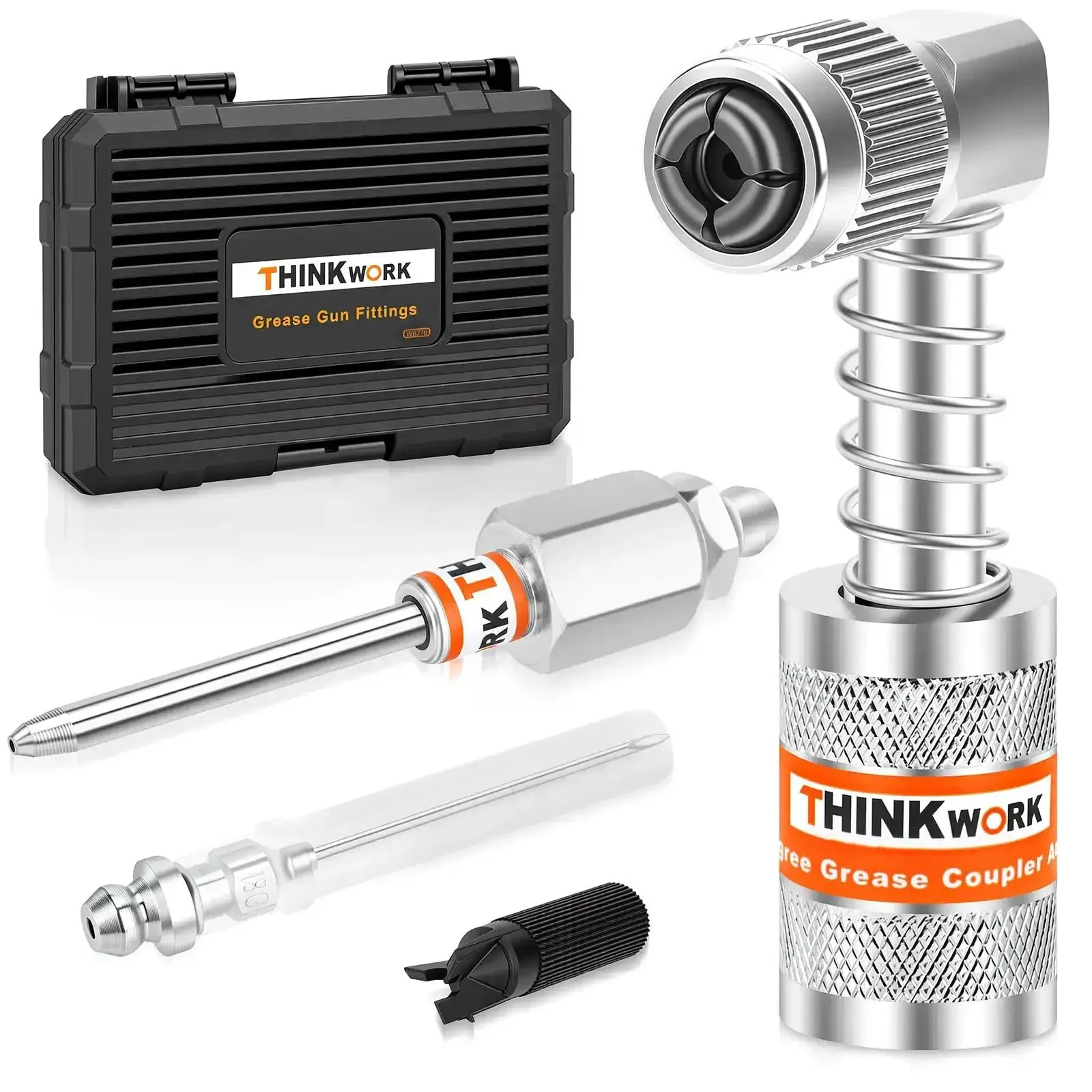 4 Piece Quick Connect Greasing Accessory Kit With 90 Degree Coupler, Grease Needle Dispenser And Nozzles, Cleaning Tool, And Sturdy Portable Storage Box For Reaching Any Grease Fitting On Any Machine