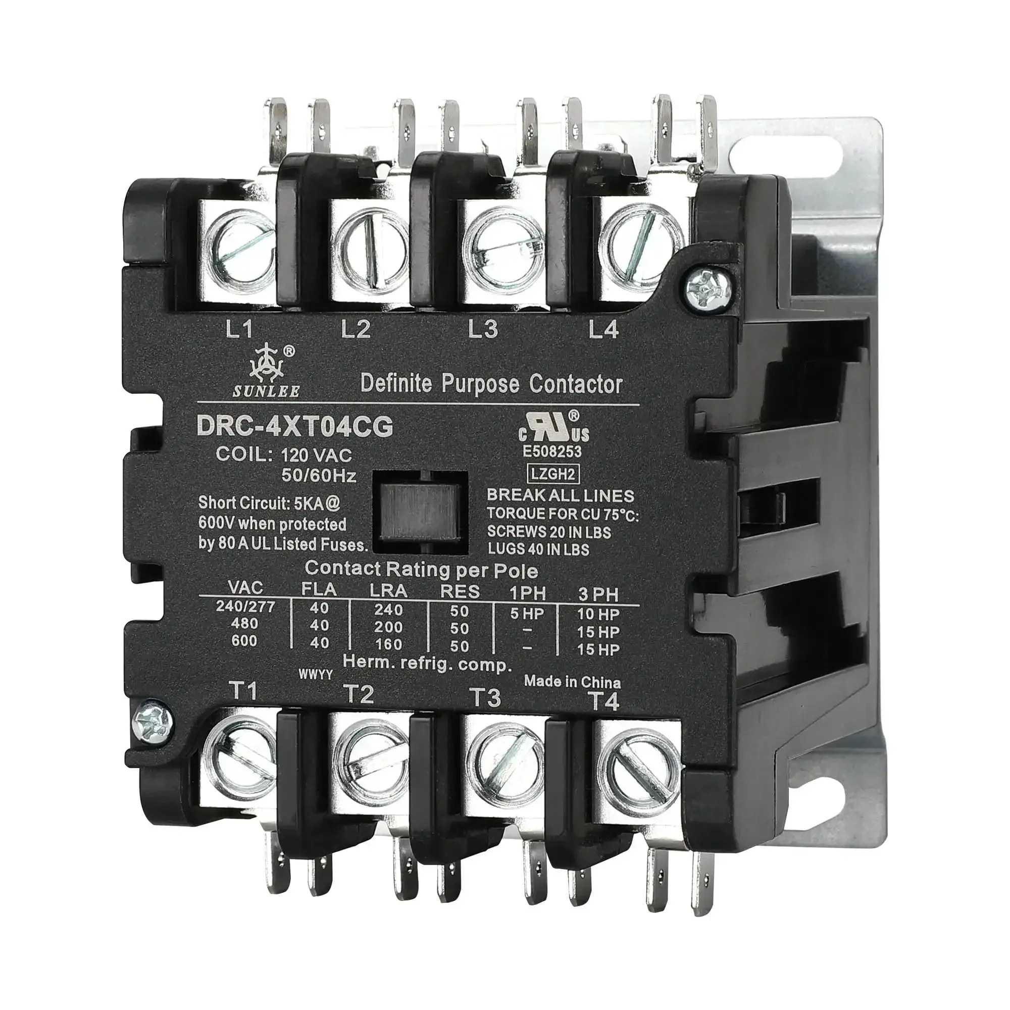 4 Pole 40 Amp 120V Coil Contactor For HVAC And Refrigeration Systems, Built Tough, UL Recognized And UL 60335 Approved, Siemens Compatible, Class F Insulation, Industrial Lighting And Heating Contactor