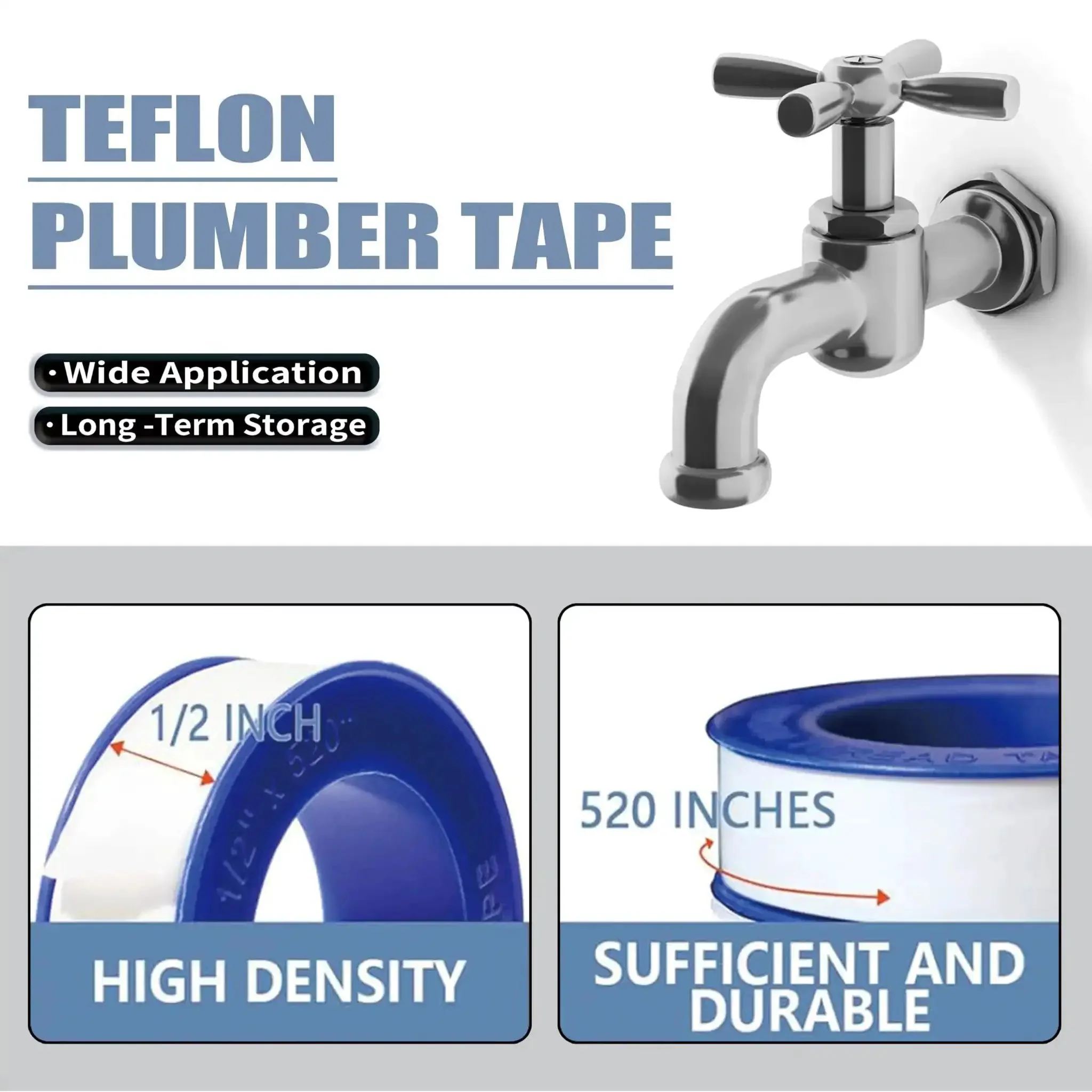 4 Rolls One Half Inch By 520 Inch PTFE Thread Seal Tape Premium Teflon Tape For Plumbing And Shower Heads High Density Leakproof Sealant For Water Pipes DIY Home Plumbing Accessories Comes With Plumbers Hemp - Image 3
