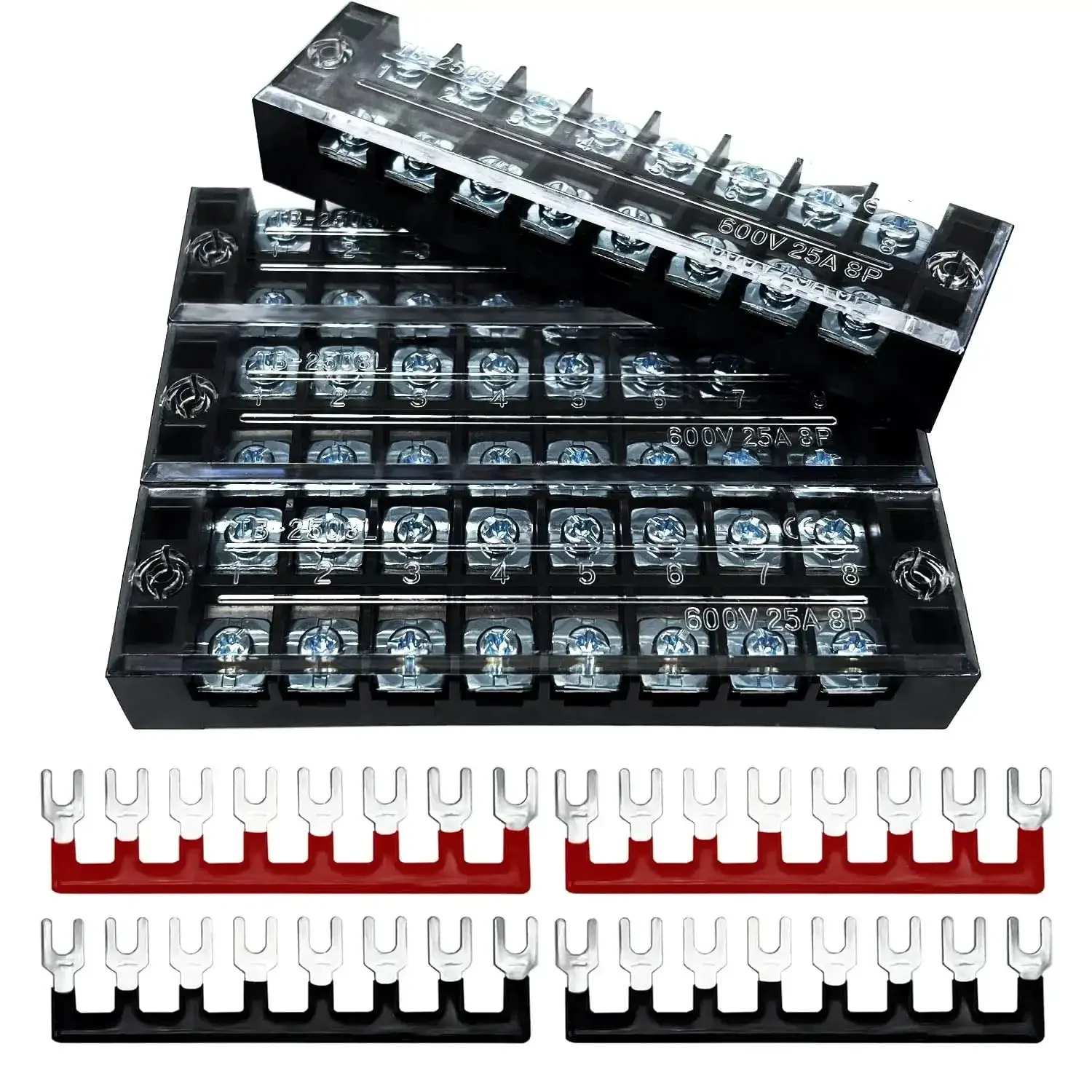 4 Sets 8-Position 600V 25A Terminal Blocks With Cover, Dual Row Ground Bus Bar Wire Screw Terminal Kit, Easy Wiring, Clean Install, Pre Insulated Terminal Strips WW004-2508