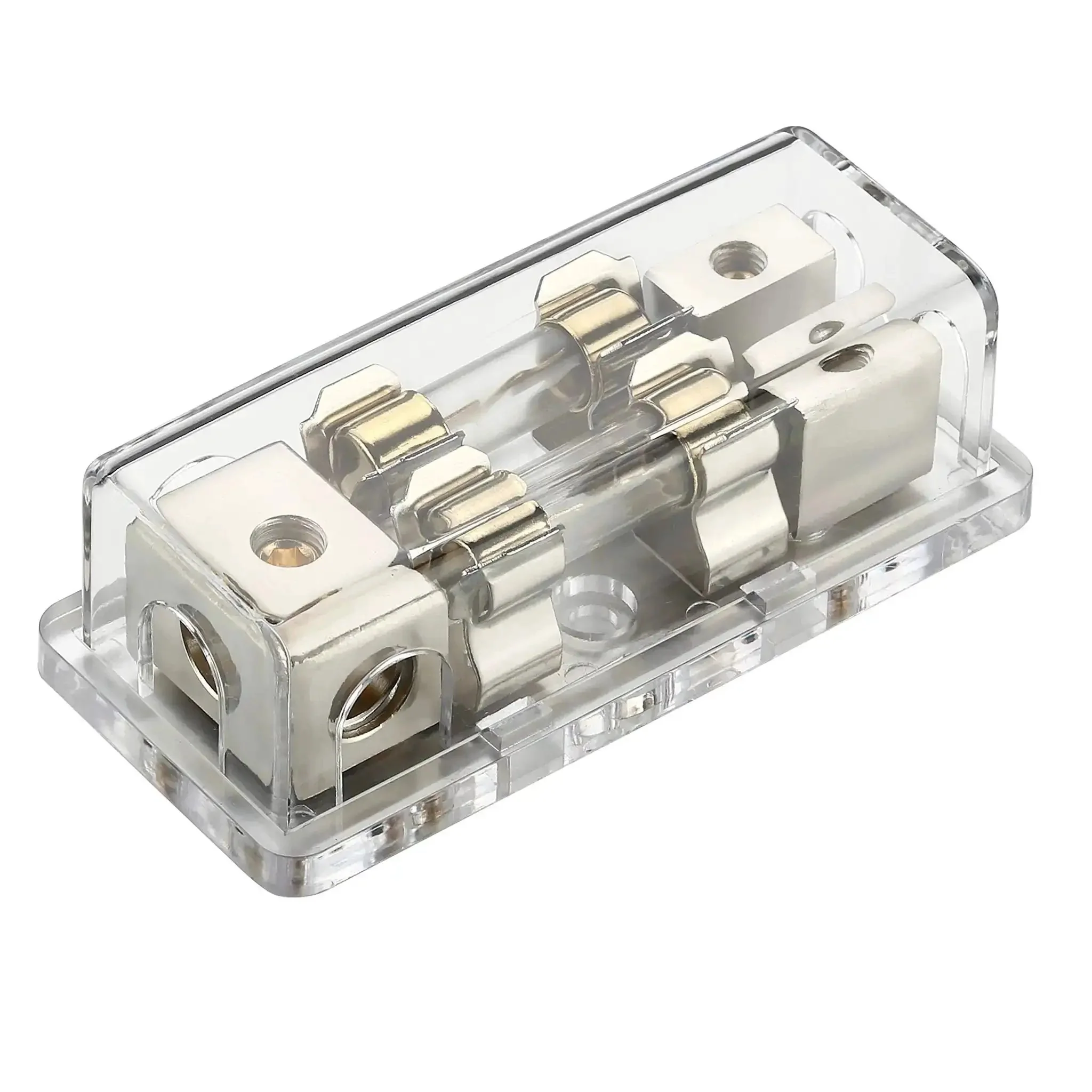 4 To 8 Gauge Car Audio Fuse Holder Fused Distribution Block Converts 4 Gauge In To Two 8 Gauge Out Includes Two 80 Amp Gold Plated Fuses Satin Nickel Screws High Strength Clear Housing For Durability