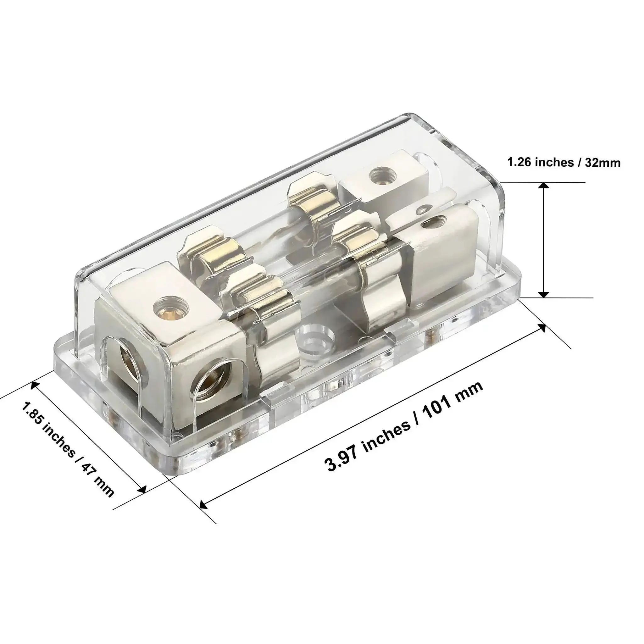 4 To 8 Gauge Car Audio Fuse Holder Fused Distribution Block Converts 4 Gauge In To Two 8 Gauge Out Includes Two 80 Amp Gold Plated Fuses Satin Nickel Screws High Strength Clear Housing For Durability - Image 2