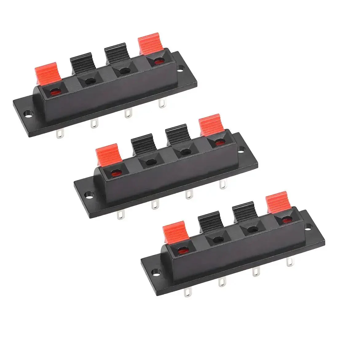 4 Way Spring Loaded Speaker Terminal Clips Push Release Connector Set 3 Pack Wire Terminal Strip Block WP4-7 With Four Pins And Four Positions, Easy Push In For Solid Speaker Hookups, Red Black Polarity Coding For Safe Connections