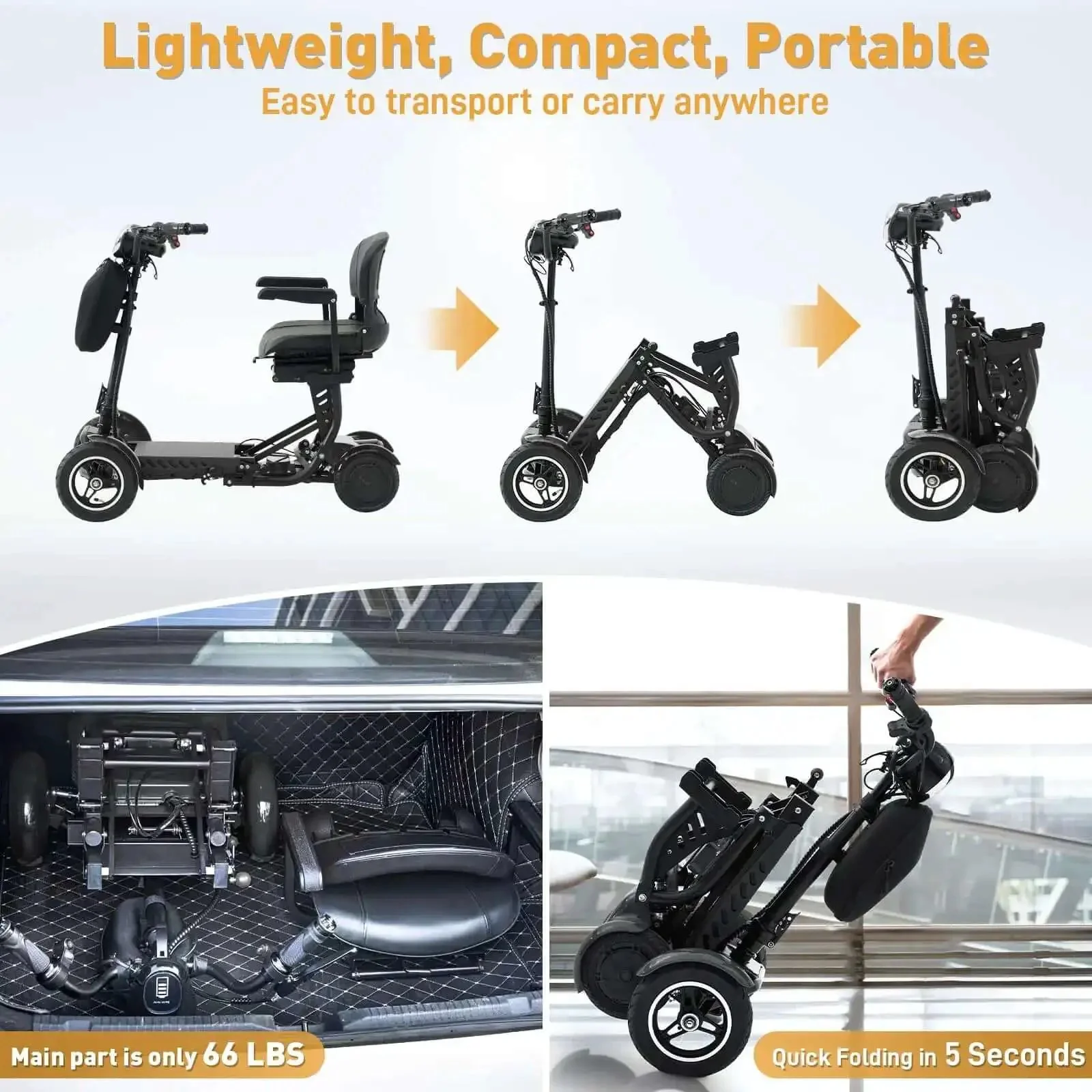 4-Wheel Foldable Electric Mobility Scooter For Adults And Seniors, All-Terrain Go-Anywhere Lightweight Ride, 300 Lb Weight Capacity, 500W Motor, 25 Mile Range, Electromagnetic Brake, 3 Speed Modes, Rearview Mirror, Black - Image 5