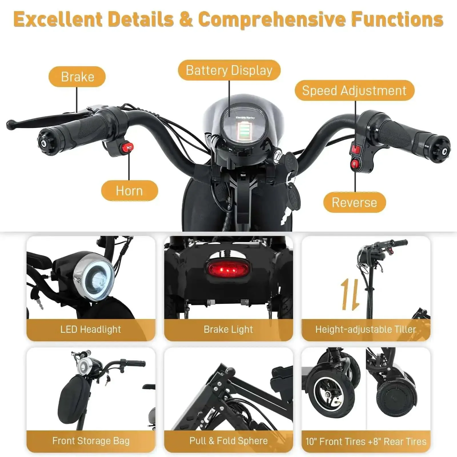 4-Wheel Foldable Electric Mobility Scooter For Adults And Seniors, All-Terrain Go-Anywhere Lightweight Ride, 300 Lb Weight Capacity, 500W Motor, 25 Mile Range, Electromagnetic Brake, 3 Speed Modes, Rearview Mirror, Black - Image 6