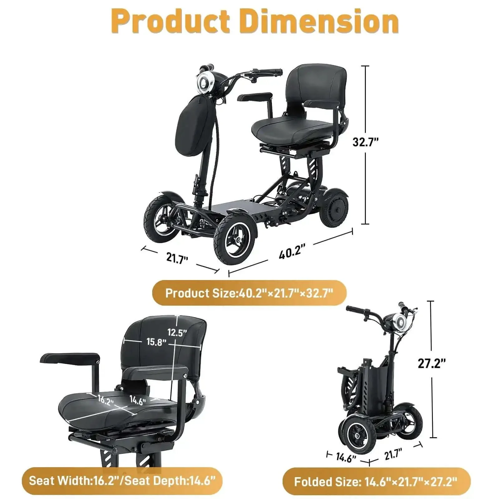 4-Wheel Foldable Electric Mobility Scooter For Adults And Seniors, All-Terrain Go-Anywhere Lightweight Ride, 300 Lb Weight Capacity, 500W Motor, 25 Mile Range, Electromagnetic Brake, 3 Speed Modes, Rearview Mirror, Black - Image 7
