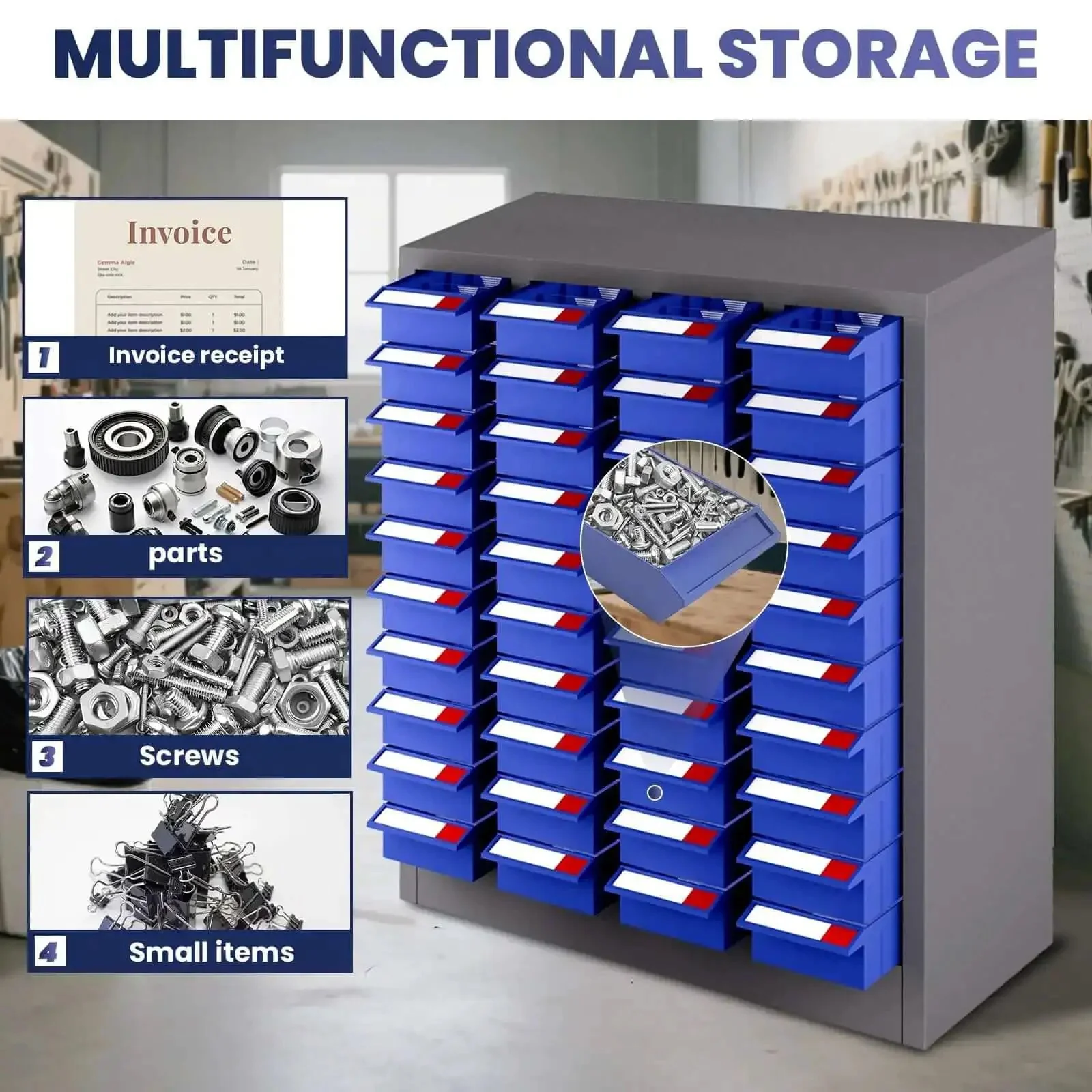 40 Drawer Nut And Bolt Organizer Cabinet With ABS Drawers And Acrylic Shelves And Label Stickers For Small Parts Storage In Workshop Garage And Classroom Pro Grade Heavy Duty Stainless Steel Parts Cabinet - Image 3