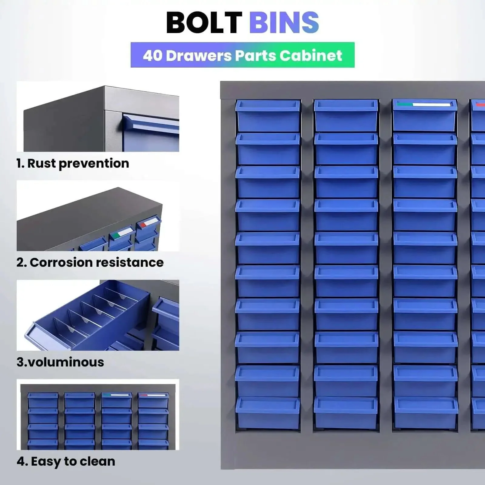 40 Drawer Parts Cabinet With 200 Dividers And 80 Label Slots For Easy Organization Of Bolts Nuts And Small Tools, Heavy Duty Alloy Steel Frame With ABS Drawers, Bolt And Nut Storage Organizer For Workshop Garage And Office - Image 6