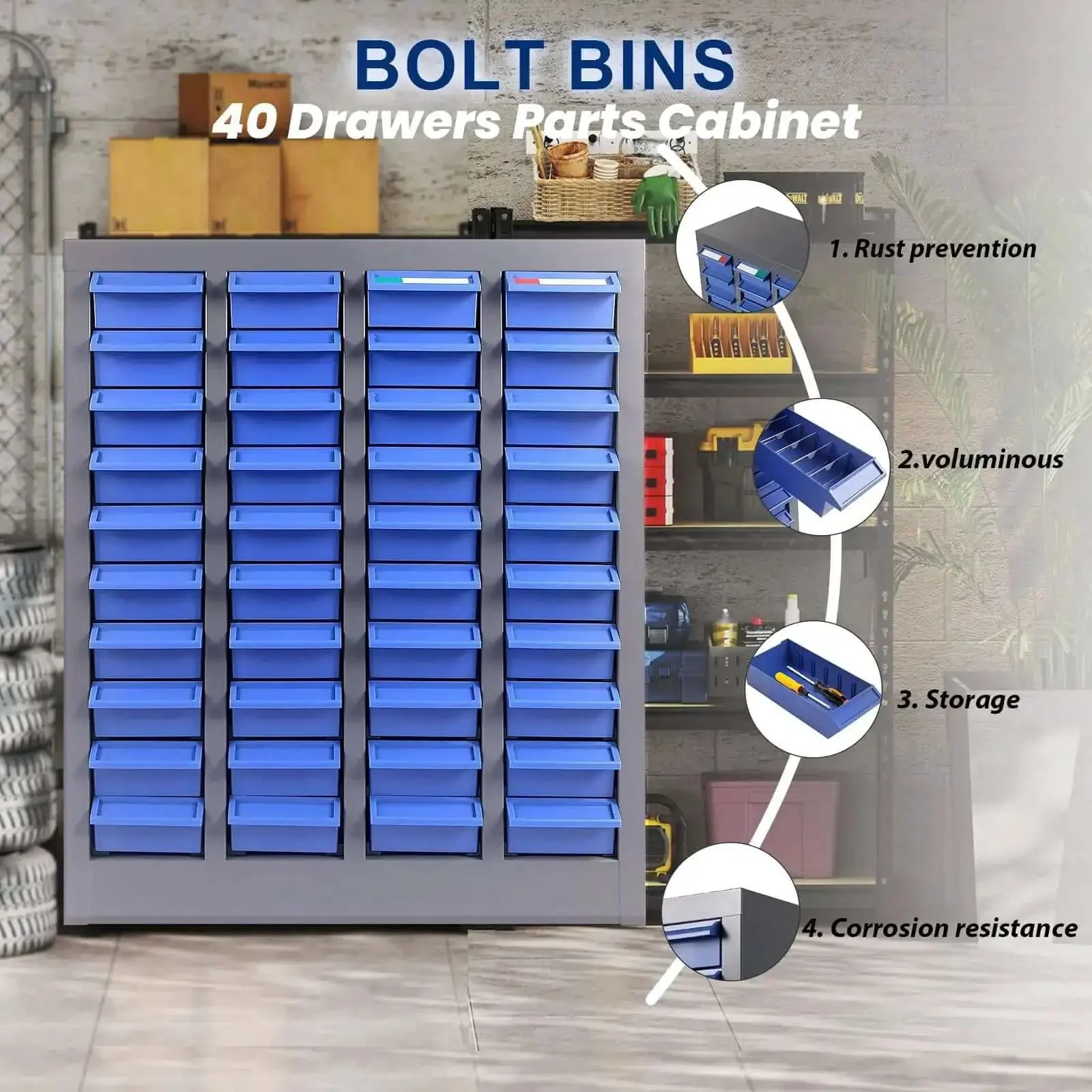 40 Drawers Parts Cabinet With Label Stickers And Bolt Nut Tool Storage, Heavy Duty Alloy Steel And ABS Drawers, Shelves And Labels, Bolt Bin Organizer For Garage, Workshop And Office Small Item Organization - Image 8