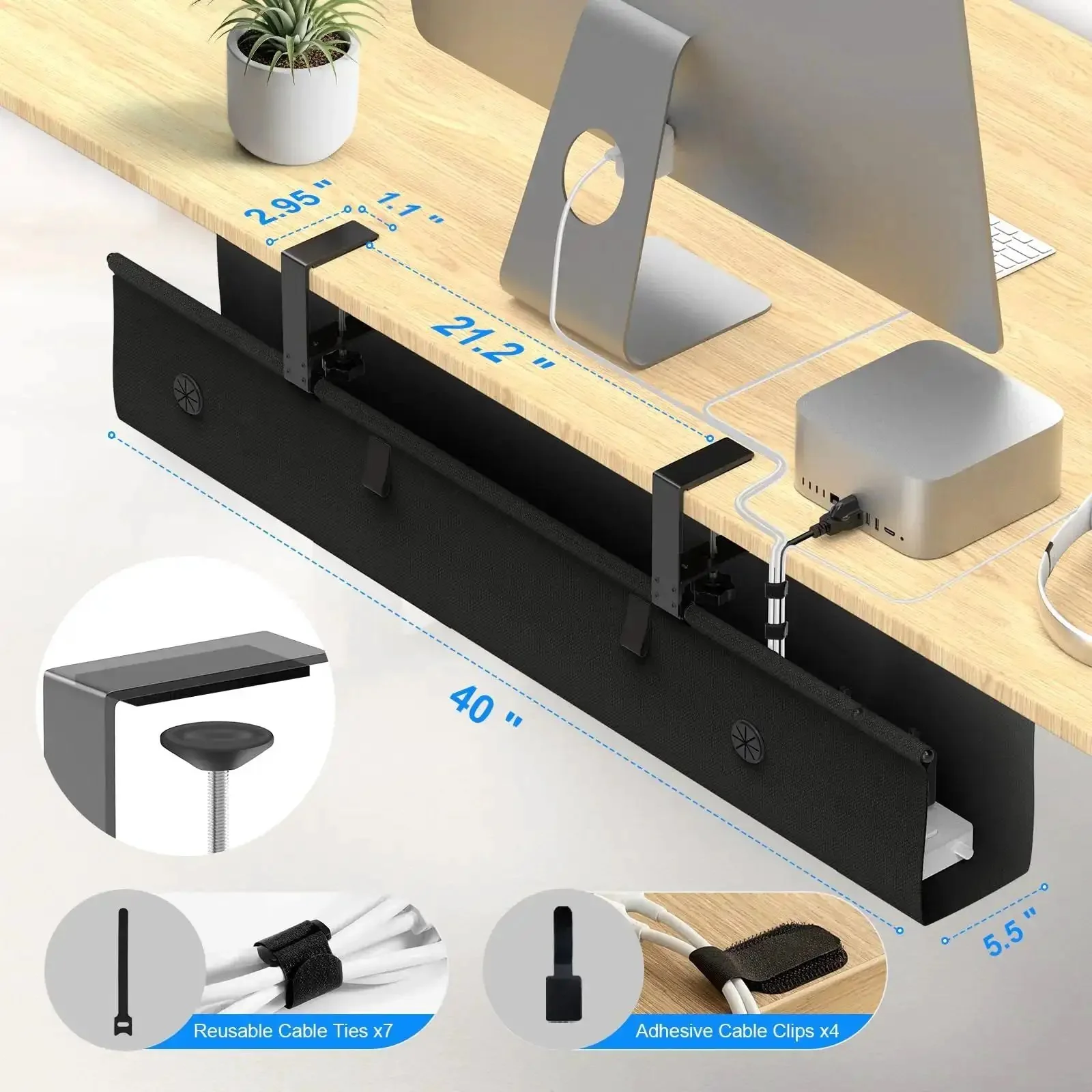 40 Inch Under Desk Cable Management Tray No Drill Cord Organizer With Anti Sag Reinforced Base Fabric Wire Management Hider For Standing Desk Office And Gaming Accessories Black - Image 2