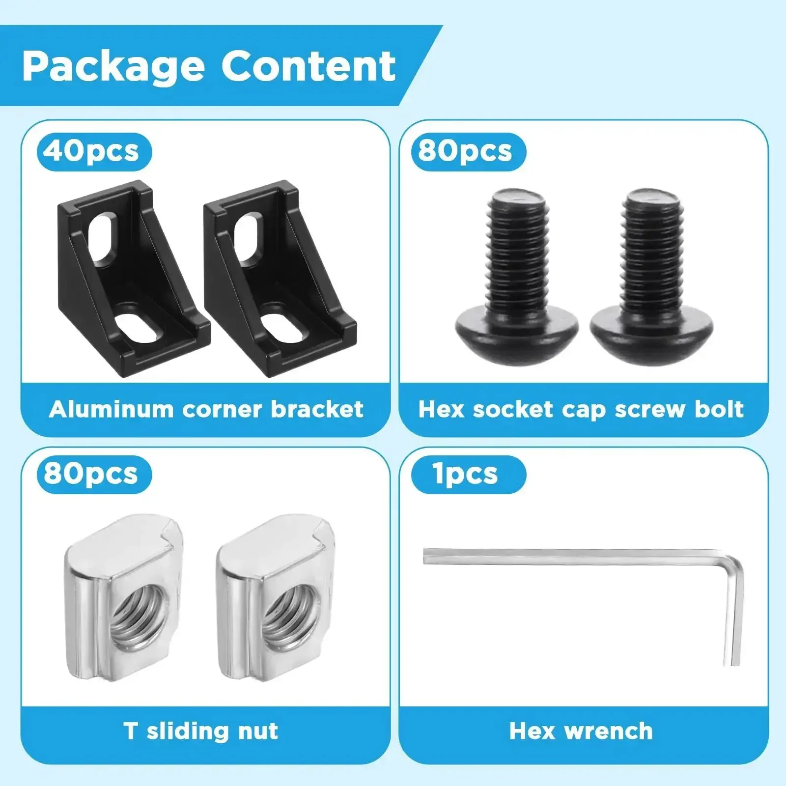 40 Piece Black 2020 Series Aluminum Extrusion Connector Kit With 40 2028 Corner Brackets, 80 T Slot Nuts And M5 Hex Screws Plus 1 Wrench For Easy DIY Friendly 20mm Rail Setup - Image 4
