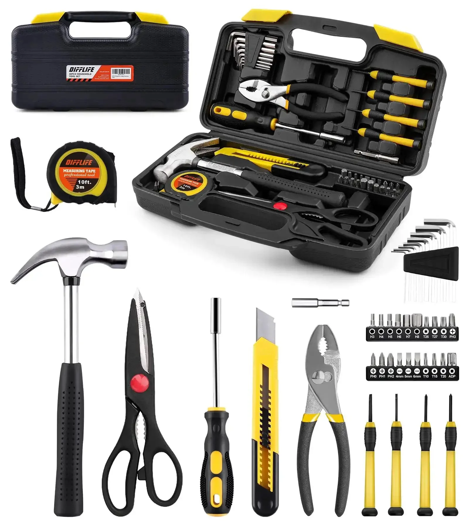40 Piece Home Tool Set With Plastic Toolbox Storage Case And Chrome Vanadium Hand Tools Including Hammer Pliers Tape Measure Screwdrivers And Bits For Quick DIY Projects And Everyday Home Repairs