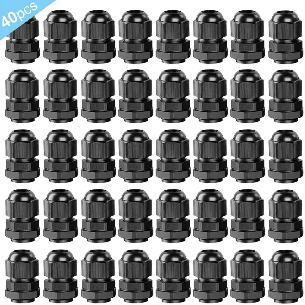 40 Pieces Premium Nylon PG7 Cable Glands Adjustable 3 To 6.5mm IP68 Weatherproof Gland Joints With Gaskets Waterproof Cable Gland Connector Kit For Outdoor DIY Lighting And Wiring Black
