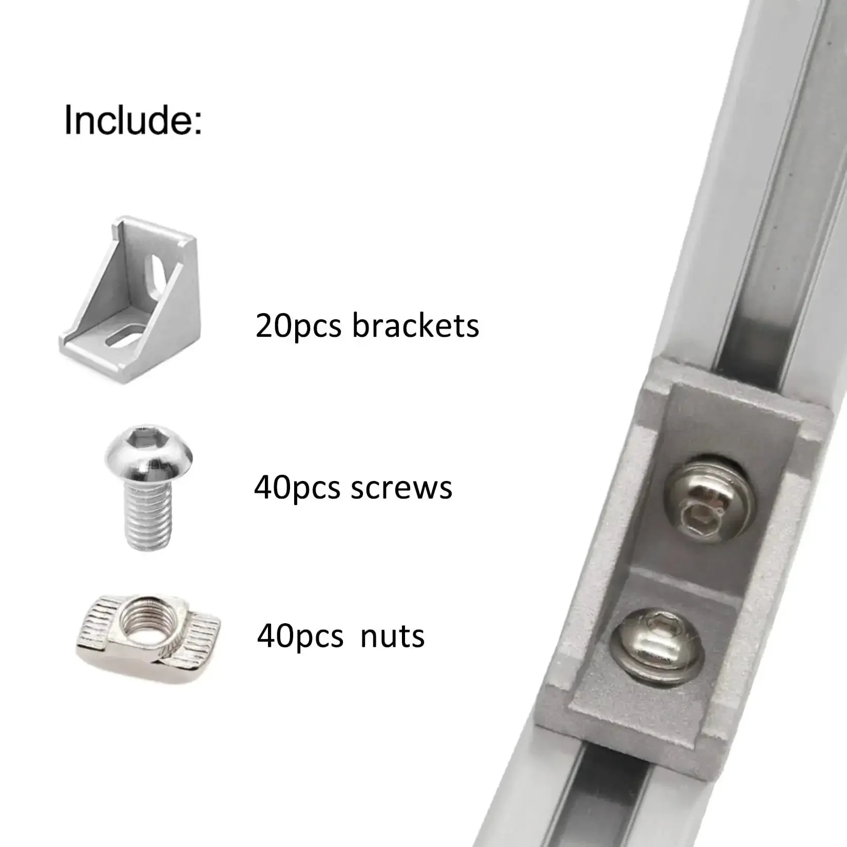 40 Series Aluminum Extrusion Connectors Kit With 4040 Corner Pieces, L Brackets, T Slot Nuts And M8 Bolts Built Tough For D IY Projects, Heavy Duty 40mm Profile Rail Fasteners, 20 Sets And 40 Screws - Image 6